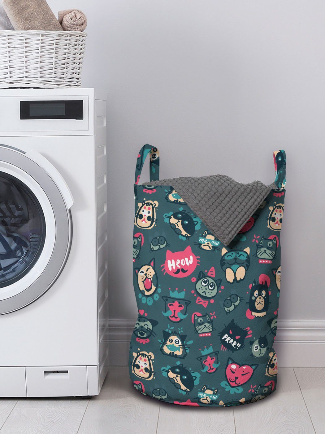 Lustige Griffen für Mieze Abakuhaus Waschsalons, Katze Charaktere Wäschekorb mit Wäschesäckchen Kordelzugverschluss