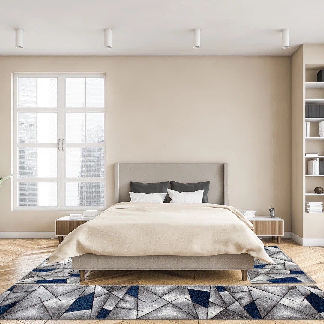 oKu-Tex Bettumrandung 3 teilig, Läufer (67 x 340 cm) + Brücken (2 x 67 x 140 cm), Kurzflor, (Set 3 teilig, 3-tlg), Teppich Schlafzimmer Bettvorleger Set schmal gewebt blau meliert
