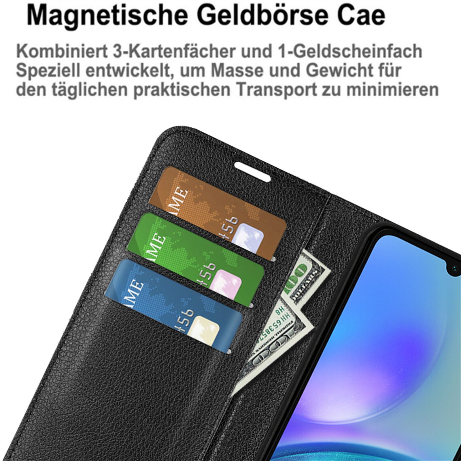 betterfon Handyhülle Handytasche für Samsung Galaxy A05s Klapphülle Schwarz, 3 Kartenfächer, Magnetverschluss & Standfunktion im Lederlook