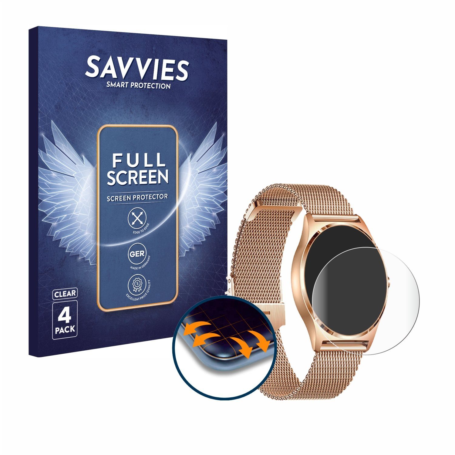 Savvies Displayschutzfolie Fullscreen Schutzfolie für Xcoast X-Watch Joli XC Pro, 4 Stück, Displayschutz Folie Fullcover Klar Transparent