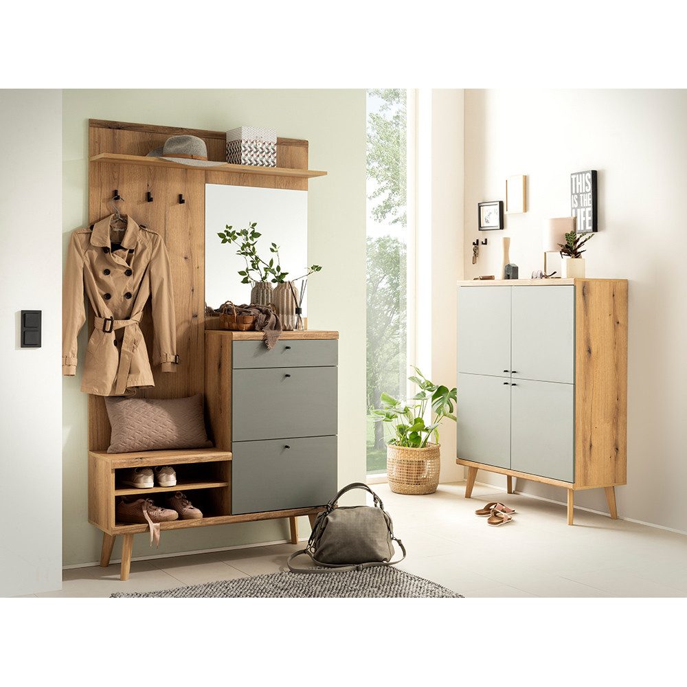 Lomadox Garderobe AVEZZANO-61 (Garderobe Sideboard Wandboard), Eiche Nb. mit grün, 2-teilig, Platz für 4 Paar Schuhe