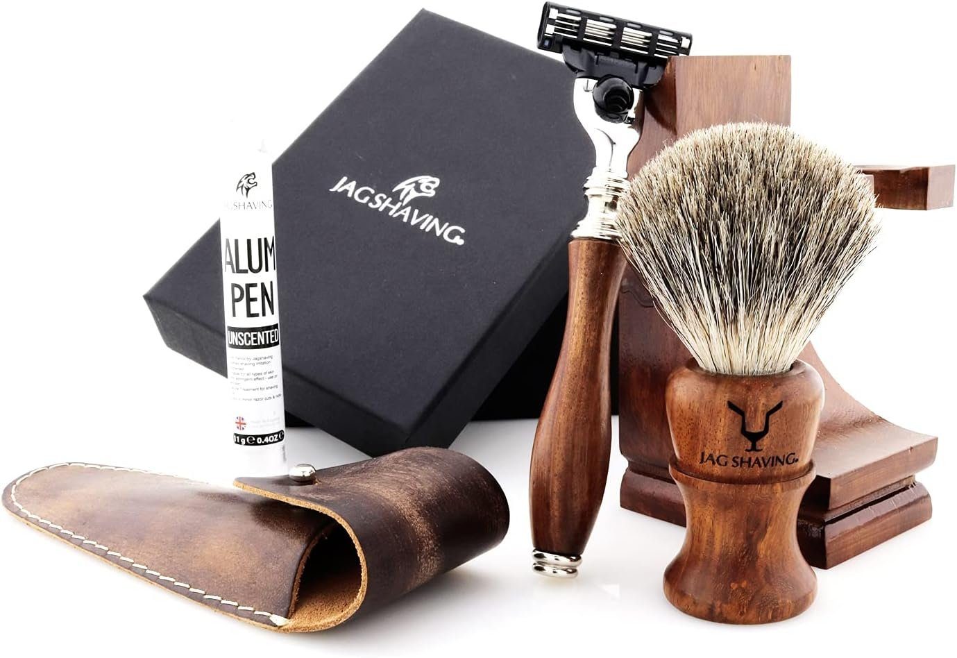 JAG SHAVING Rasierset 5-teiliges Premium- und Private-Holz-Rasierset für Herren, 5-tlg., Gillette Mach3 Rasierer, Haarbürste, Lederetui, Alaun-Stickständer, perfekt für Männer Geschenkset