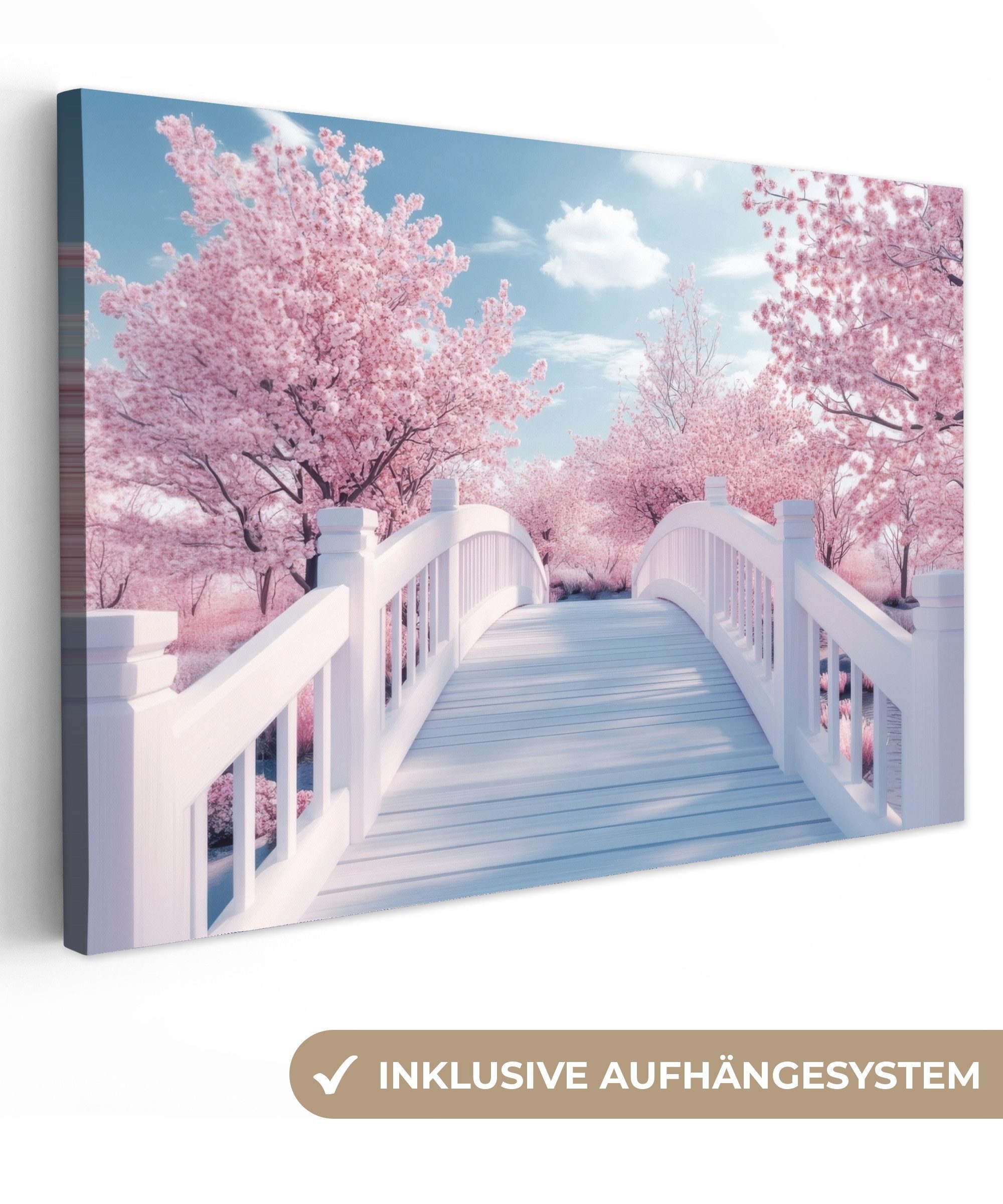 OneMillionCanvasses® Leinwandbild Brücke - Kirschbäume - Weiß, Fotodruck (1 günstig online kaufen