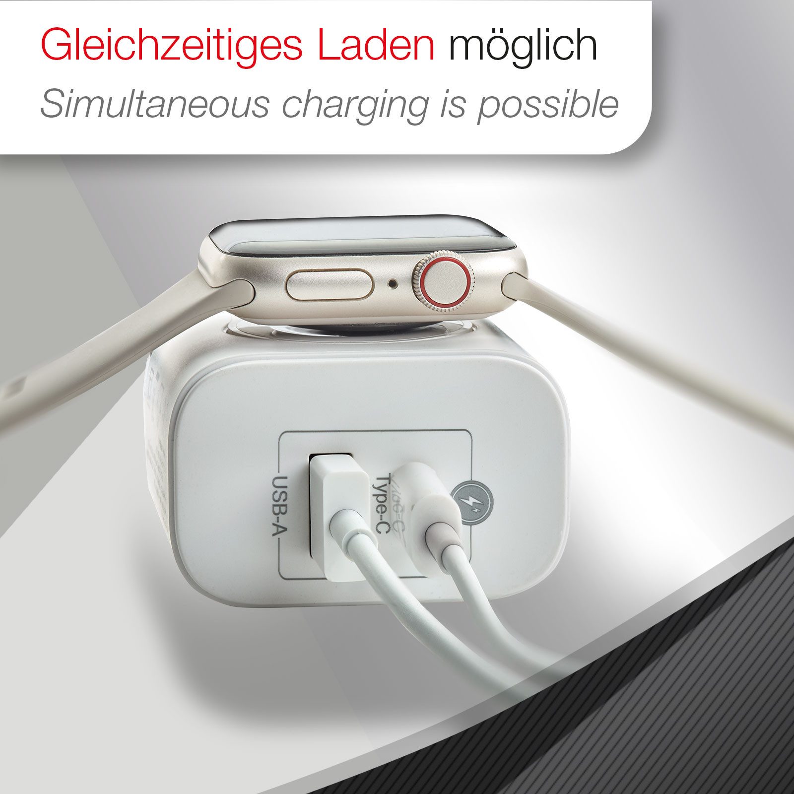 CAVO USB 3-in-1 Netzteil weiß USB-C (bis 20W) USB-A (bis 18W) USB-Ladegerät (Quick Charge QC 3.0 Wireless Charger 3W für Apple Watch) – Bild 4 von 5