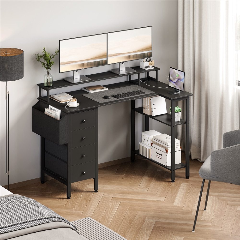 Yaheetech Computertisch L-förmiger Schreibtisch 120/140cm (B), mit Monitorhalterung & Steckdose & 4 Schubladen & Aufbewahrungstasche