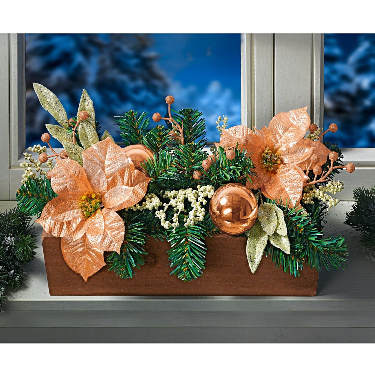 3PAGEN Blumenkasten Balkonkasten mit Weihnachtsschmuck 40cm Kugeln und Glitzer Winter