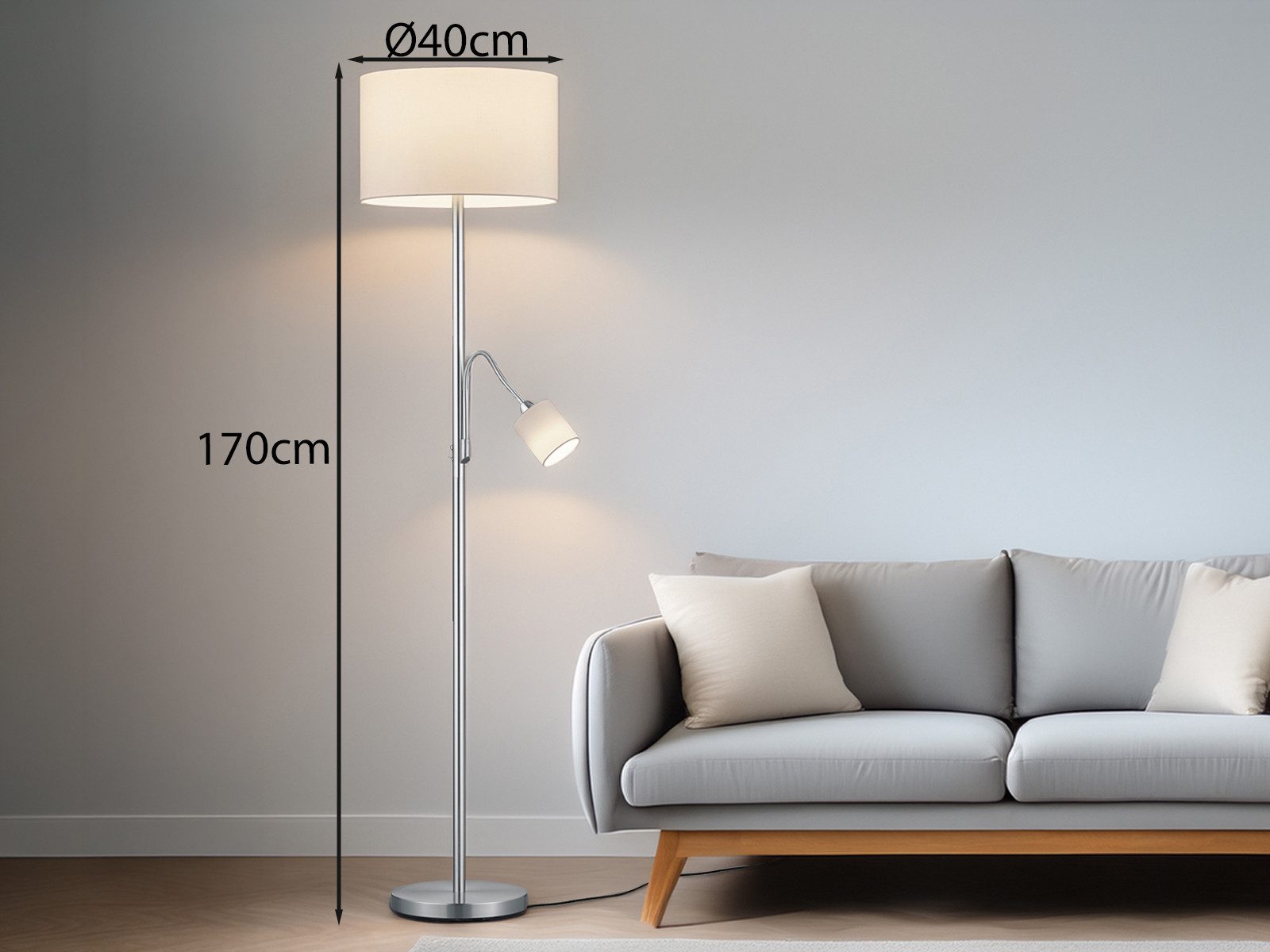 TRIO Leuchten LED Stehlampe mit Leselampe & Stoffschirm Höhe 170cm, dimmbar, LED wechselbar, Warmweiß, Designklassiker Steh-Leuchte groß für Lese-Ecke stehend – Bild 5 von 5