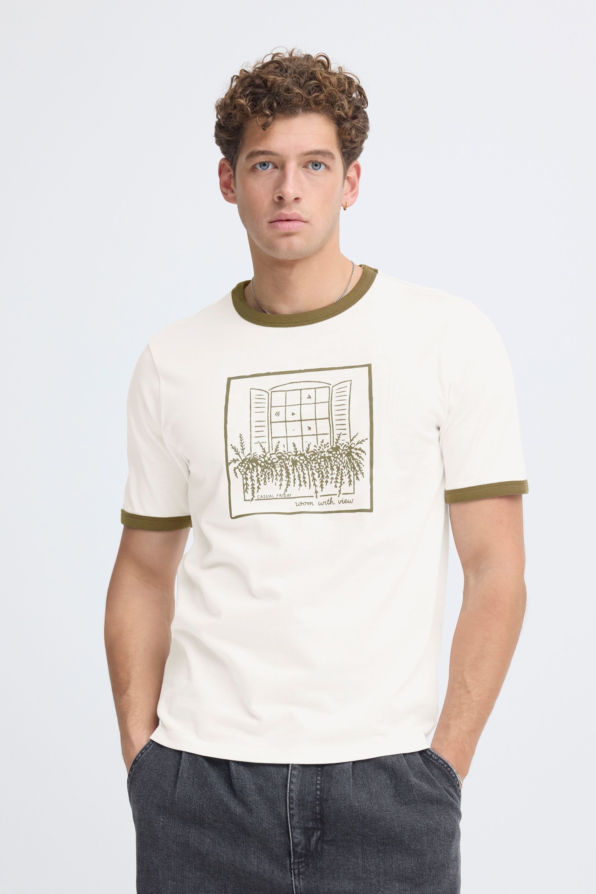 Casual Friday Rundhalsshirt CFTorpe Sommerliches T-Shirt mit Print und Kontrastfarben