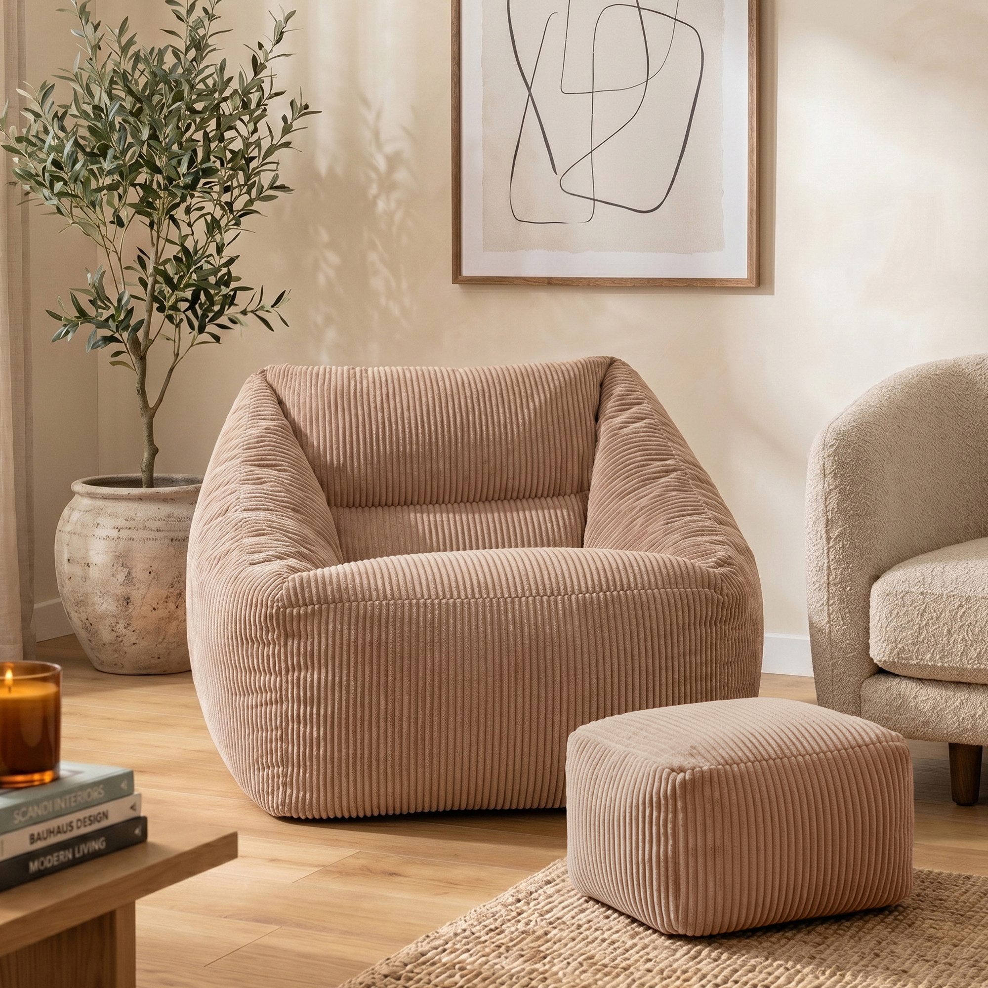 icon Sitzsack Riesen Sessel aus Cord Flauschig „Natalia" mit Hocker (Spar-Set, 1 x Sitzsack-Sessel, 1 x Fußhocker), Sitzsack XXL, Made in Germany, für Erwachsene & Kinder, für Wohnzimmer