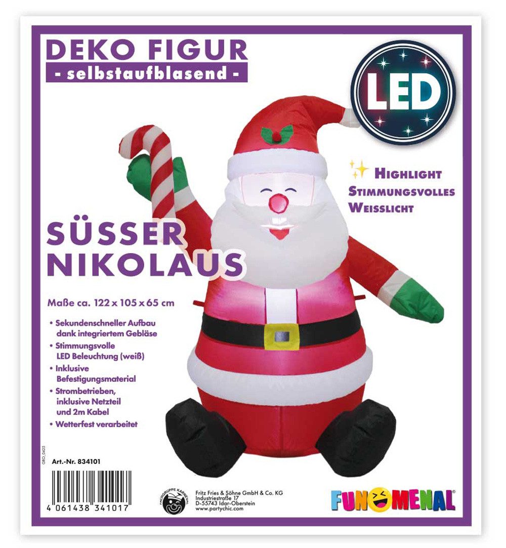 Fries Aufblasbares Partyzubehör XXL Selbstaufblasender Nikolaus Weihnachtsmann Garten Deko mit LED, 122 cm x 105 cm x 65 cm