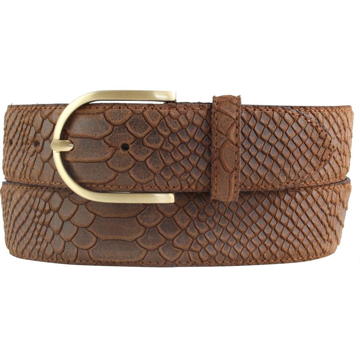 BELTINGER Ledergürtel Damen-Gürtel mit Pythonprägung 4 cm - Leder-Gürtel für Damen 40mm Schl Tabac, Gold