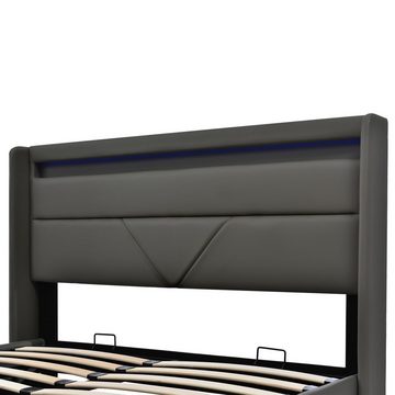 BlingBin Polsterbett Stauraumbett Doppelbett mit LED-Leuchten 160x200cm Grau (mit Großer Bettkasten und Fernbedienung), mit Bettkasten und Lattenrost, Gesamtabmessung 202x166x107.5 cm (TxBxH)