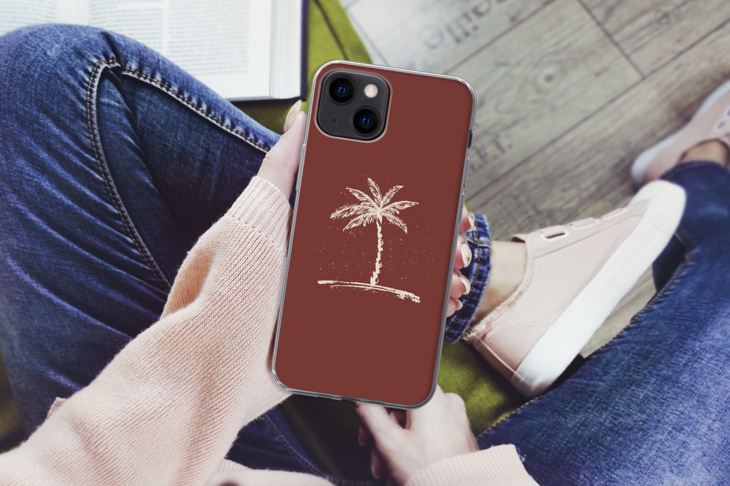 MuchoWow Handyhülle für Apple iPhone 13 Palme - Beige - Rot - Tropisch, Smartphone-Bumper, Print, Handy Schutzhülle Dünn