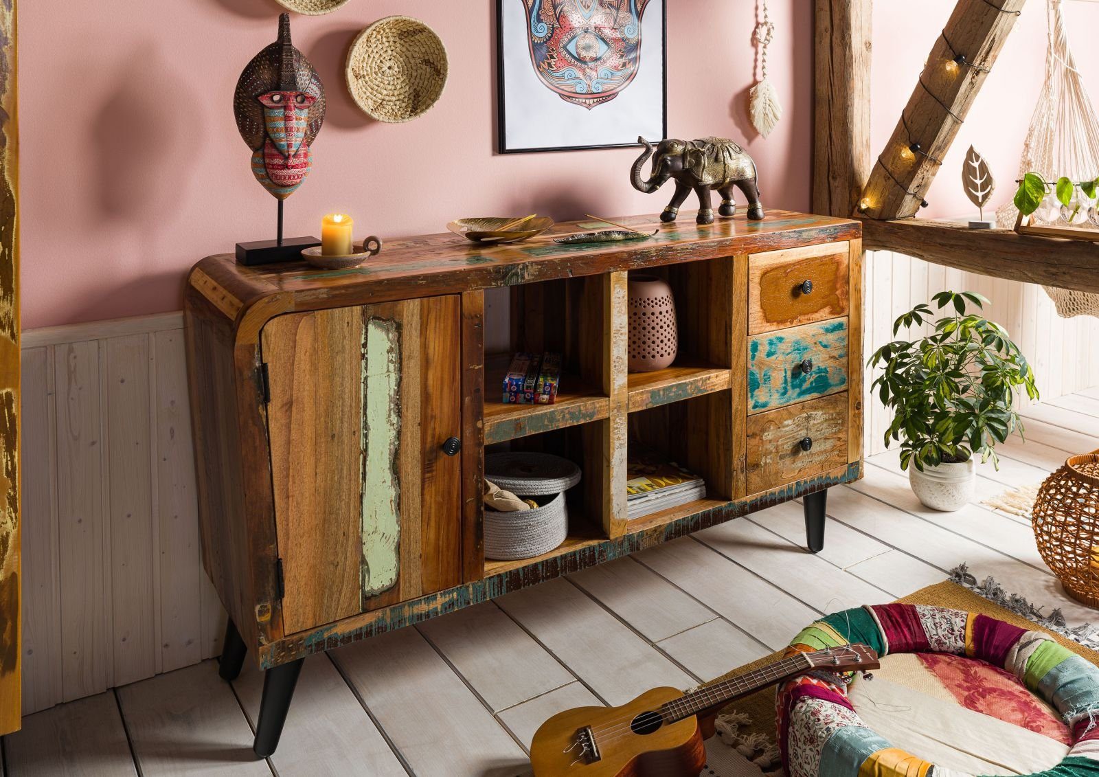 Massivmoebel24 Sideboard SIXTIES (Massivholz), Sideboard Altholz 150x40x86 mehrfarbig lackiert SIXTIES #101