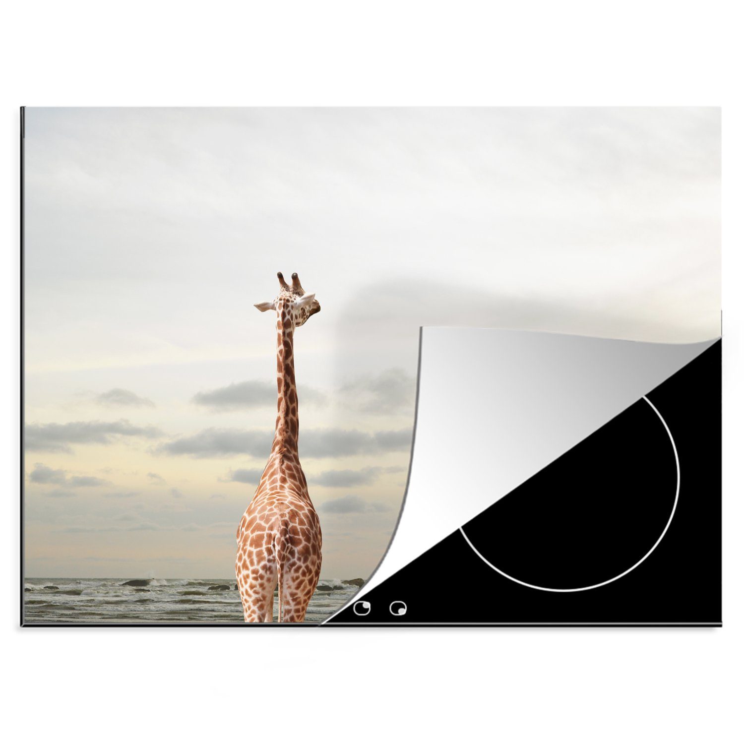 MuchoWow Herdblende-/Abdeckplatte Giraffe - Meer - Wolken, Vinyl, (1 tlg), 70x52 cm, Mobile Arbeitsfläche nutzbar, Ceranfeldabdeckung | Herdabdeckplatten