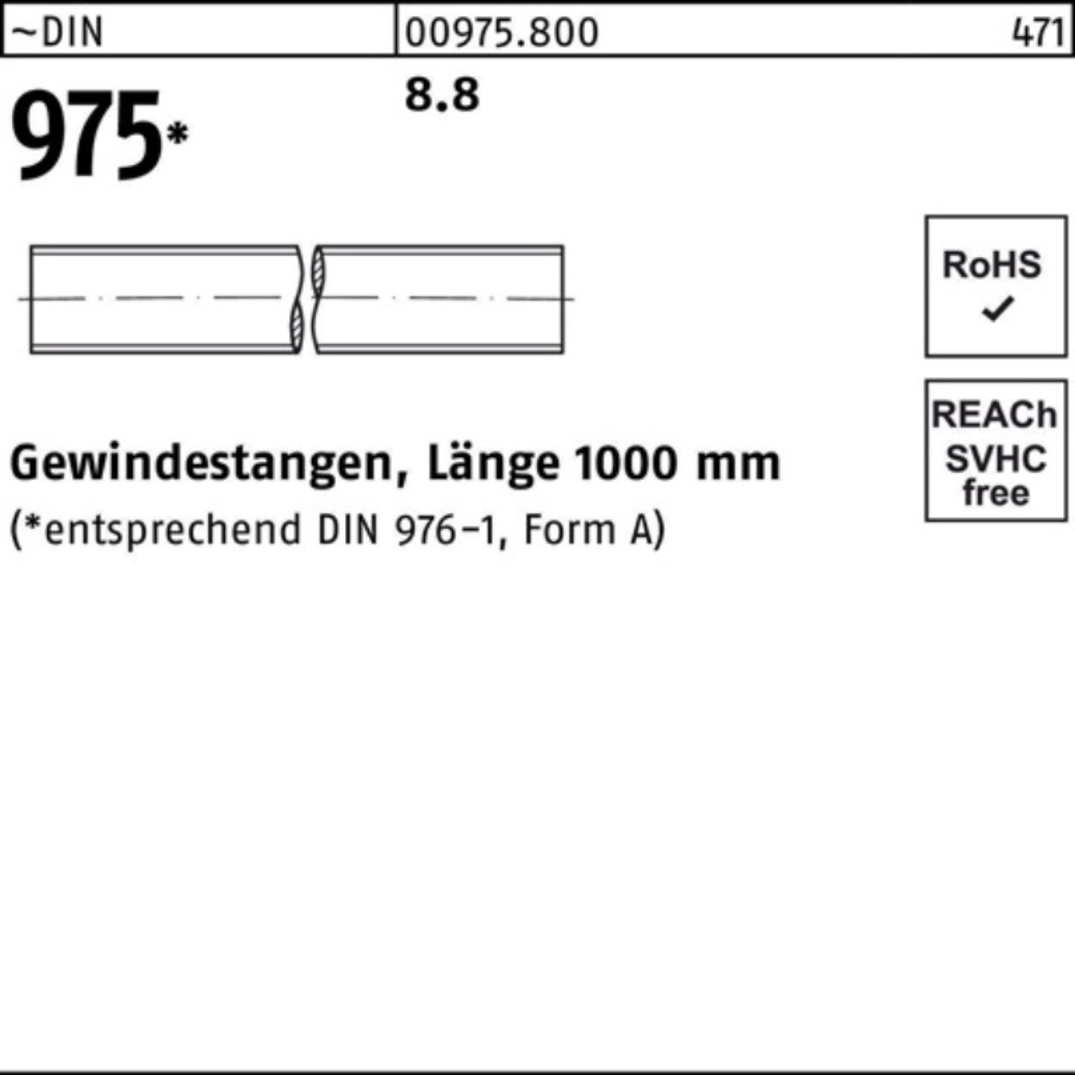 Gewindestange DIN 975 1 Gewindestange Stück 8.8 1000mm Pack 100er ~DIN 8.8 Reyher M56x 975