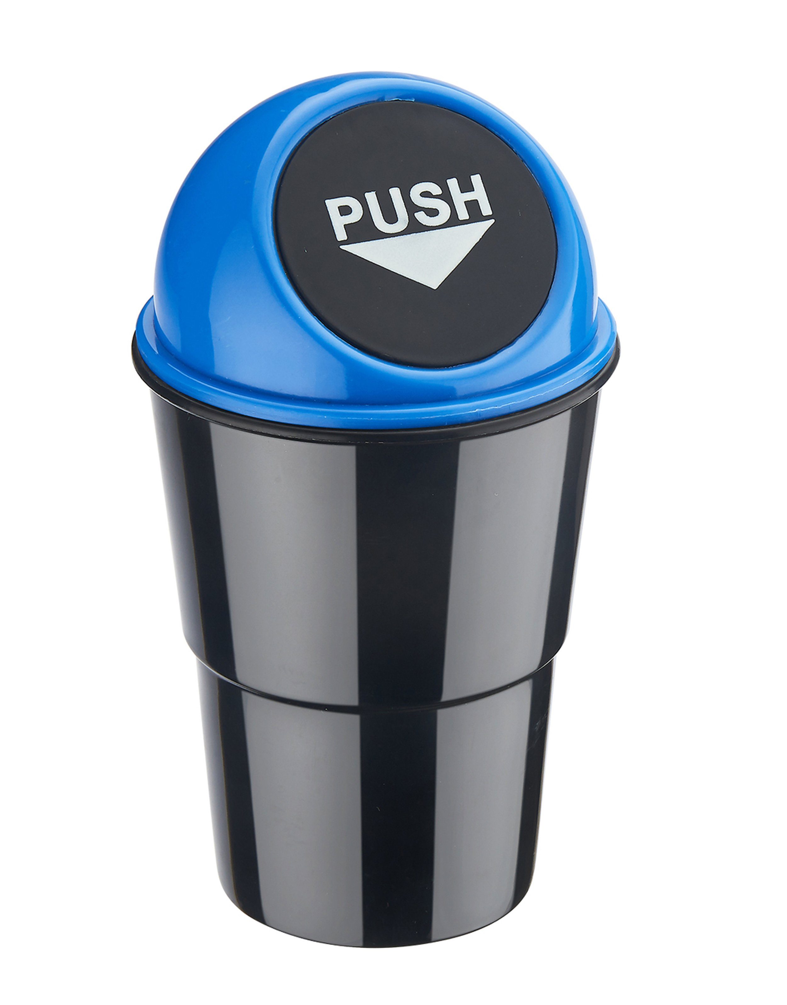 CHAMP Mülleimer Mini MÜLLEIMER für Auto mit Push-Deckel Getränkehalterung Automülleimer PKW KFZ Abfalleimer 1 (Blau) | Mülleimer