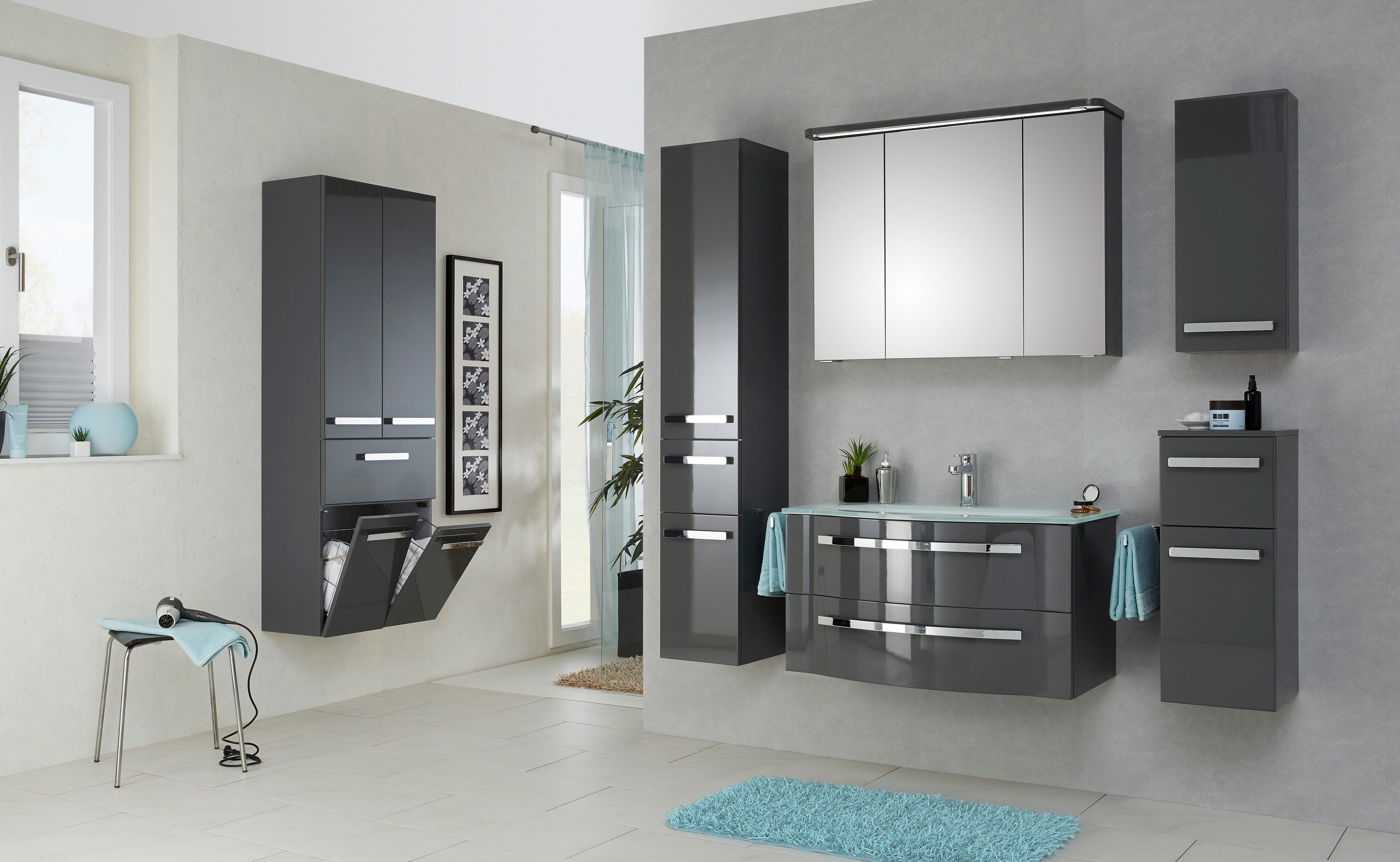 Saphir Badmöbel-Set Serie 4005, vormontiert, Glaswaschbecken, Spiegelschrank, (Set, 3-St), Badezimmer-Set mit Unterschrank, Midischrank, inkl. Türdämpfer