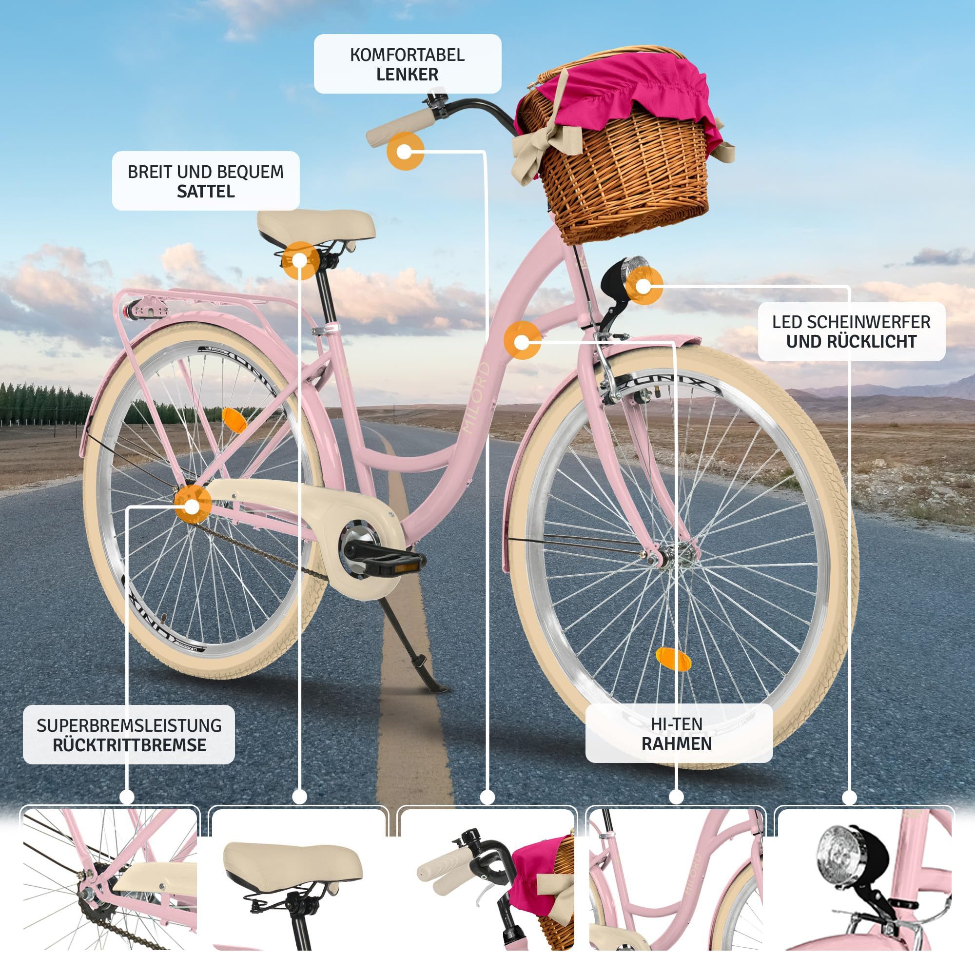 Milord Cityrad Milord City Fahrrad Weidenkorb Damen, 28/26 Zoll, Rosa-Creme, 1-Gang, 1 Gang, (Fahrradständer, Gepäckträger, Klingel, Korb, Kotflügel)