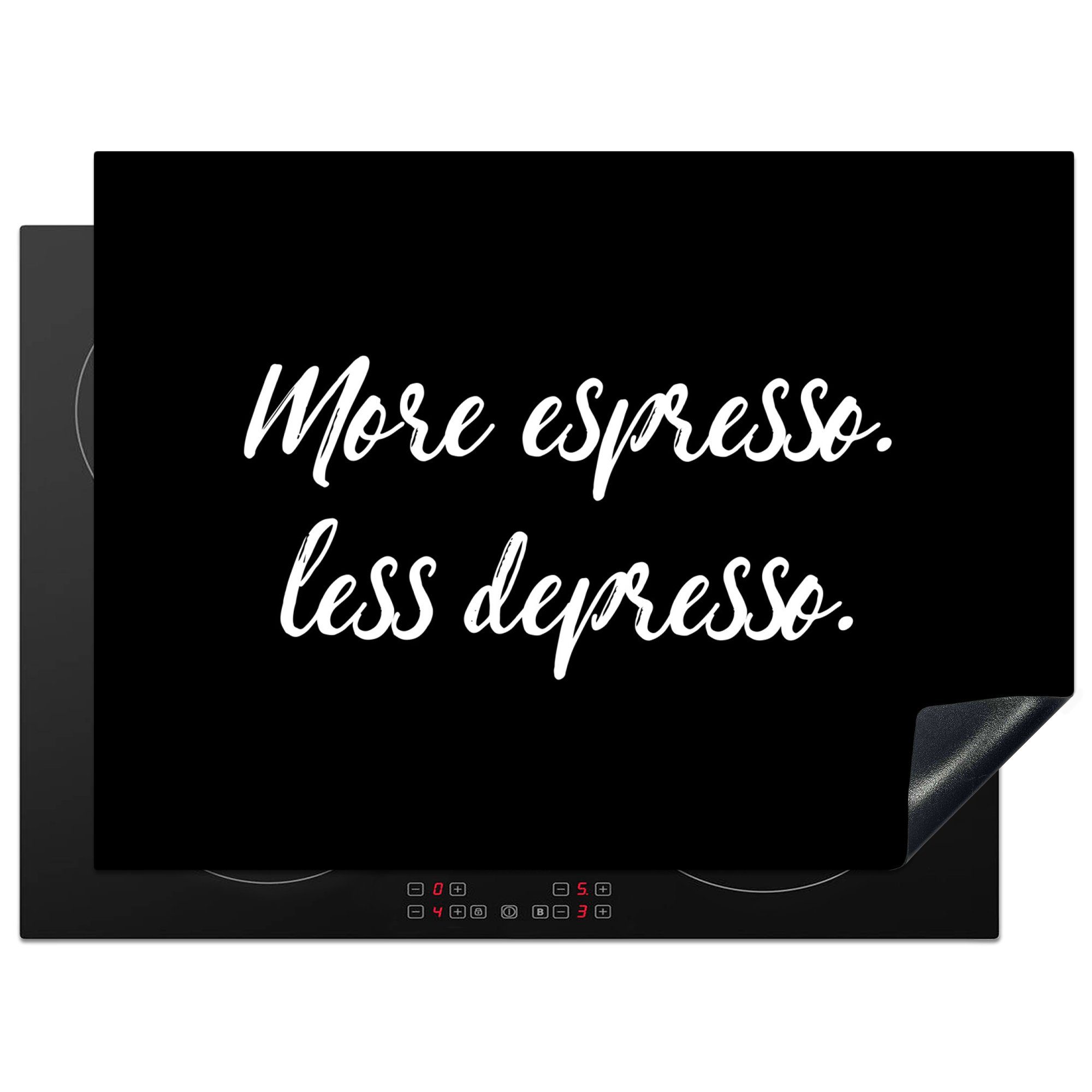 MuchoWow Herdblende-/Abdeckplatte Sprichwörter - Kaffee - Zitate - Mehr Espresso. Weniger Depresso -, Vinyl, (1 tlg), 70x52 cm, Mobile Arbeitsfläche nutzbar, Ceranfeldabdeckung