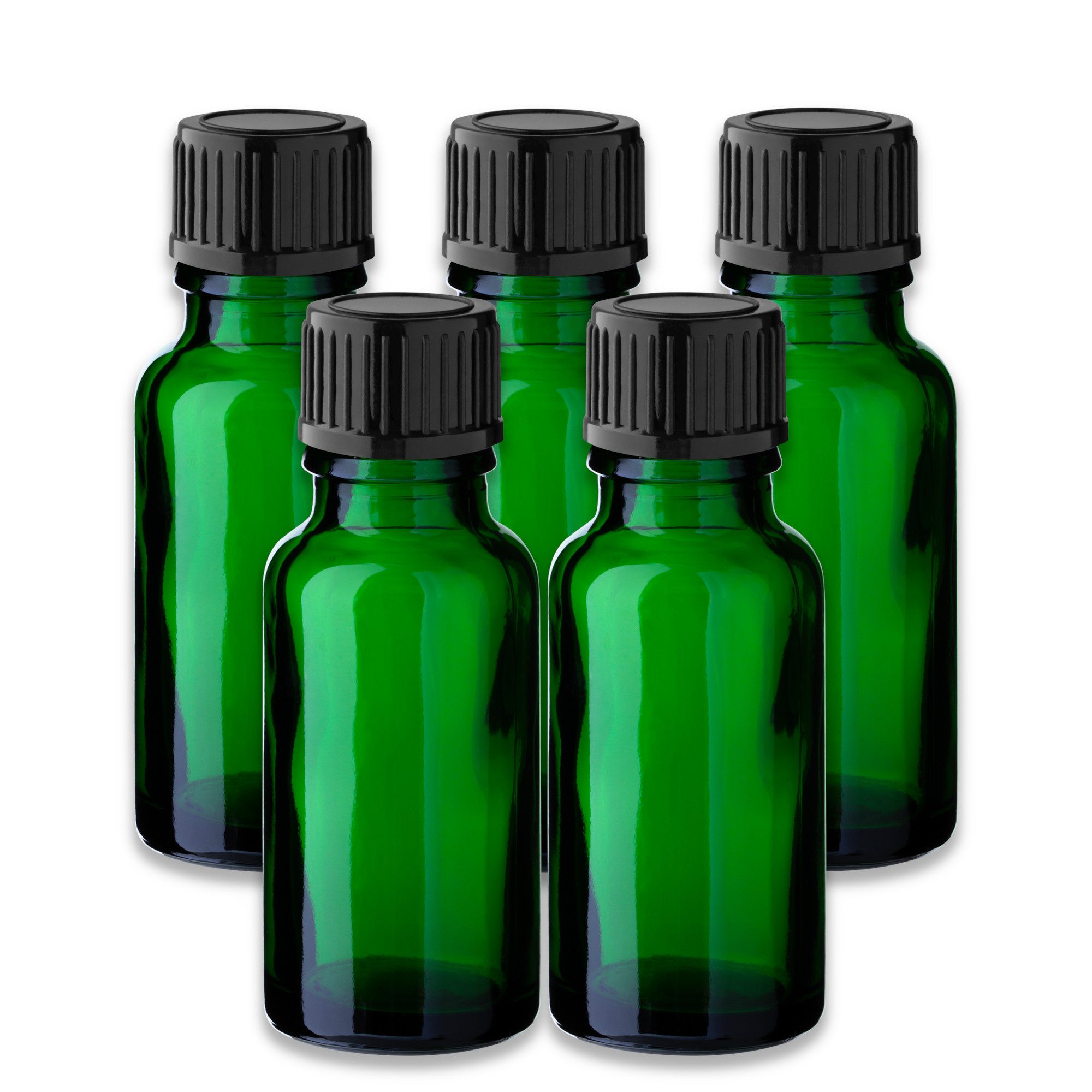 CK Verpackung GmbH Leerglas 5x Grüne Glasflasche 20 ml mit schwarzem Kunststoffverschluss Leer Set (Set x5)
