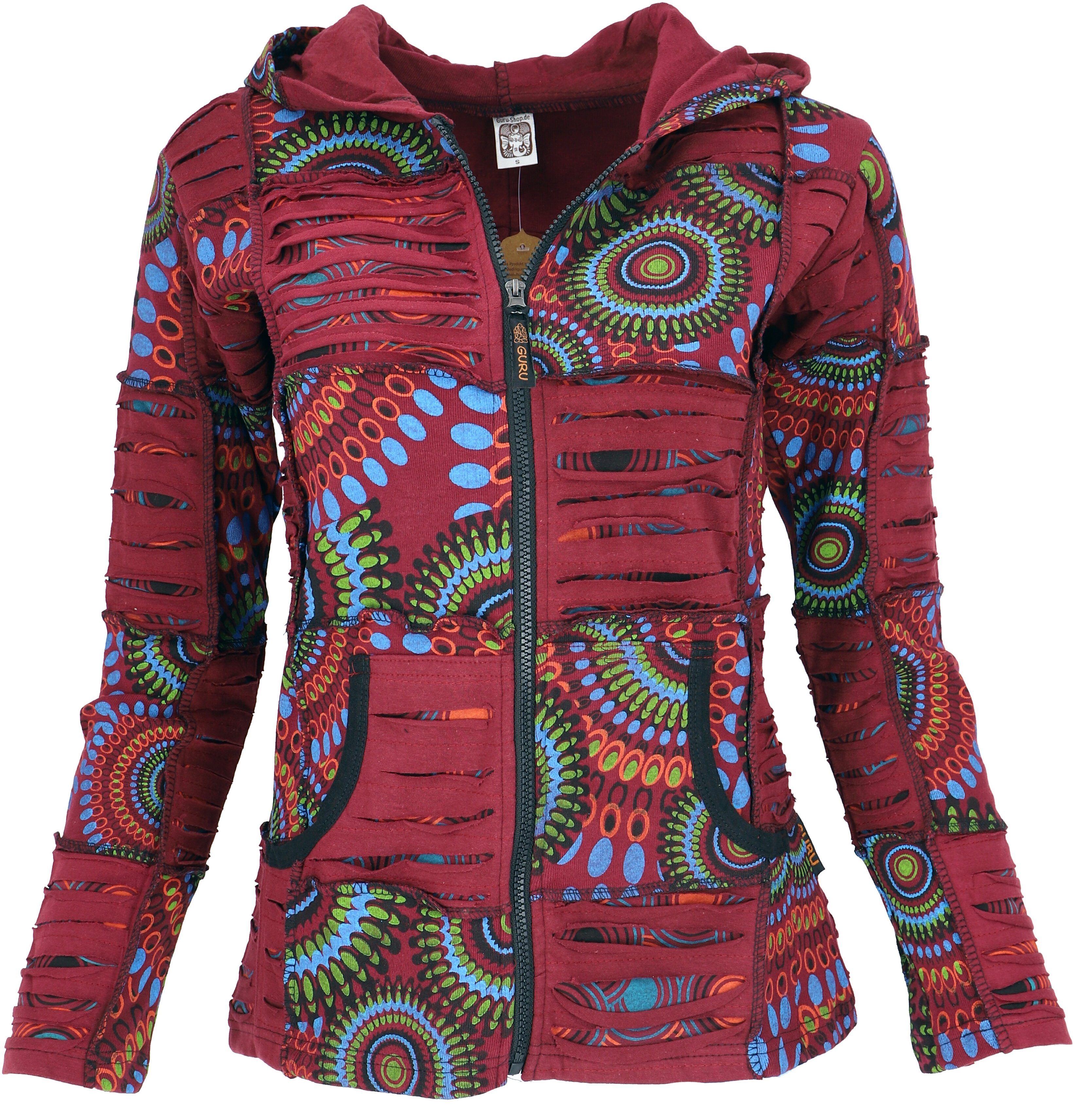 Guru-Shop Langjacke weinrot/blau Jacke, Boho Bekleidung Goa alternative Kapuzenjacke, Ethno.. Patchwork