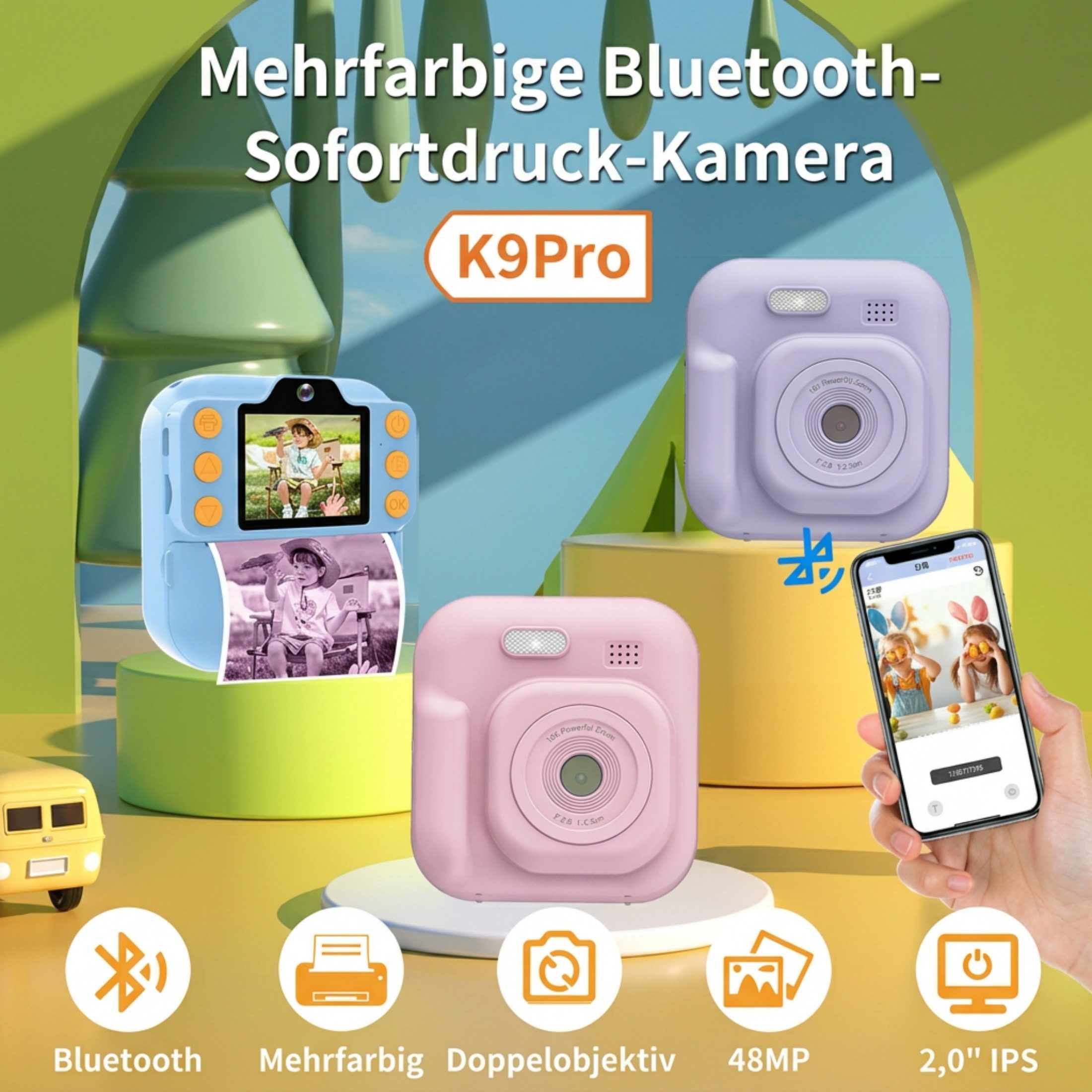 Blossom Kinder Sofortbildkamera Druckfunktion 1080P Digitalkamera Kinderkamera (48 MP, inkl. Videoaufnahme, DIY Graffiti, Spiele und Bluetooth 5.3, Dual Kamera mit Stickerpapier 2.0 Zoll IPS Bildschirm)