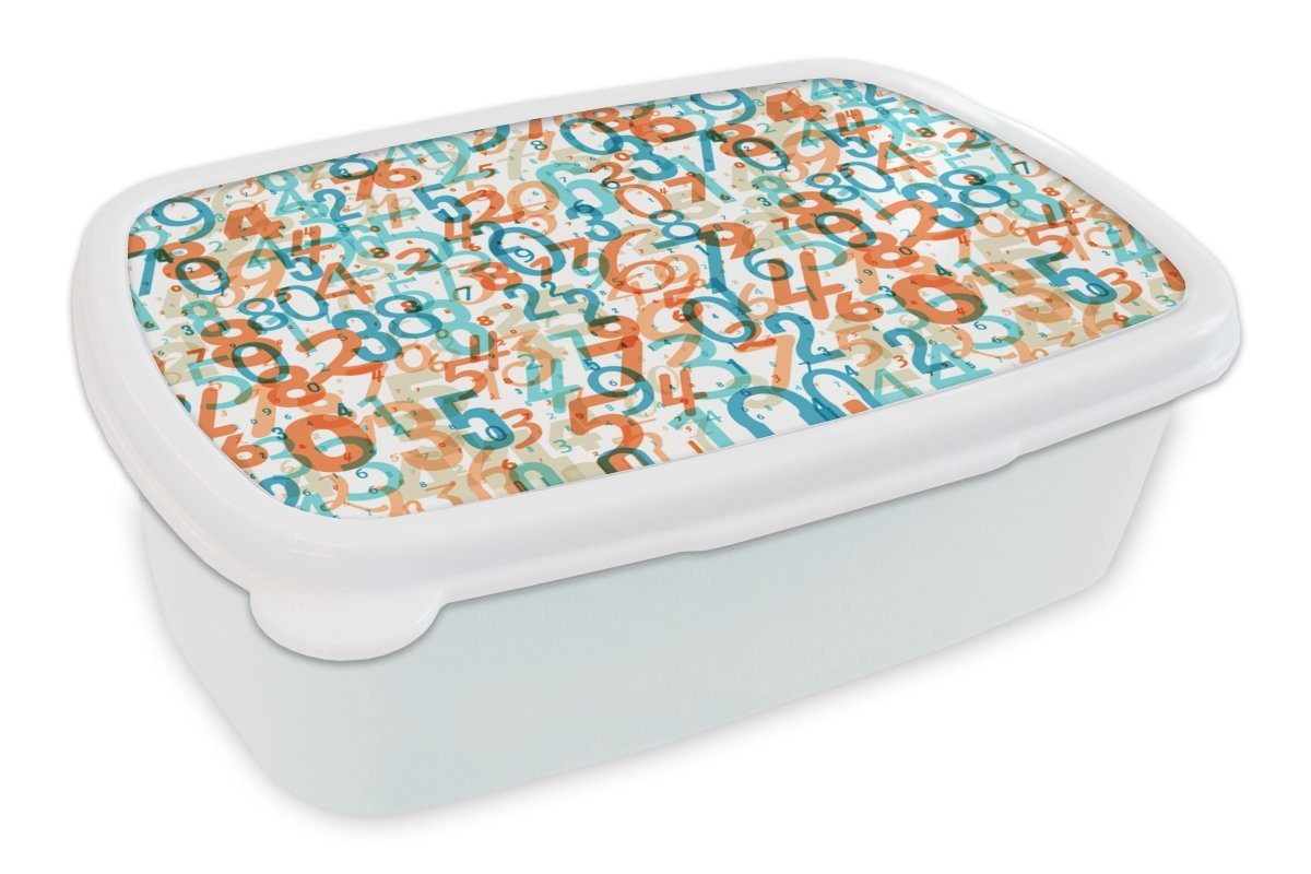MuchoWow Lunchbox Zahlen - Figuren - Muster, Kunststoff, (2-tlg), Brotbox für Kinder und Erwachsene, Brotdose, für Jungs und Mädchen weiß