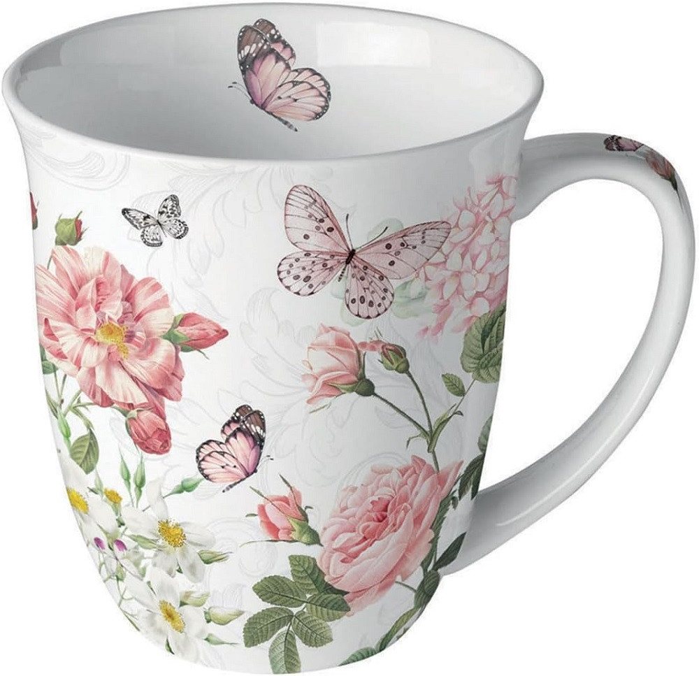 Ambiente Luxury Paper Products Becher Porzellan Frühling / Herbst / Sommer / Winter Kollektion, 1-tlg., Porzellan Becher ca. 400 ml Becher- Schmetterlinge, Rosen, Bunt, Blumen, Pflanzen, Anlässe , Geburtstag, Muttertag, Hochzritstag, Ostern, Pfingsten, Ro