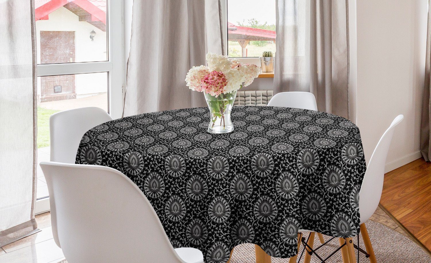 Abakuhaus Tischdecke Kreis Tischdecke Abdeckung für Esszimmer Küche Dekoration, Kohlengrau Damast-Inspired Art