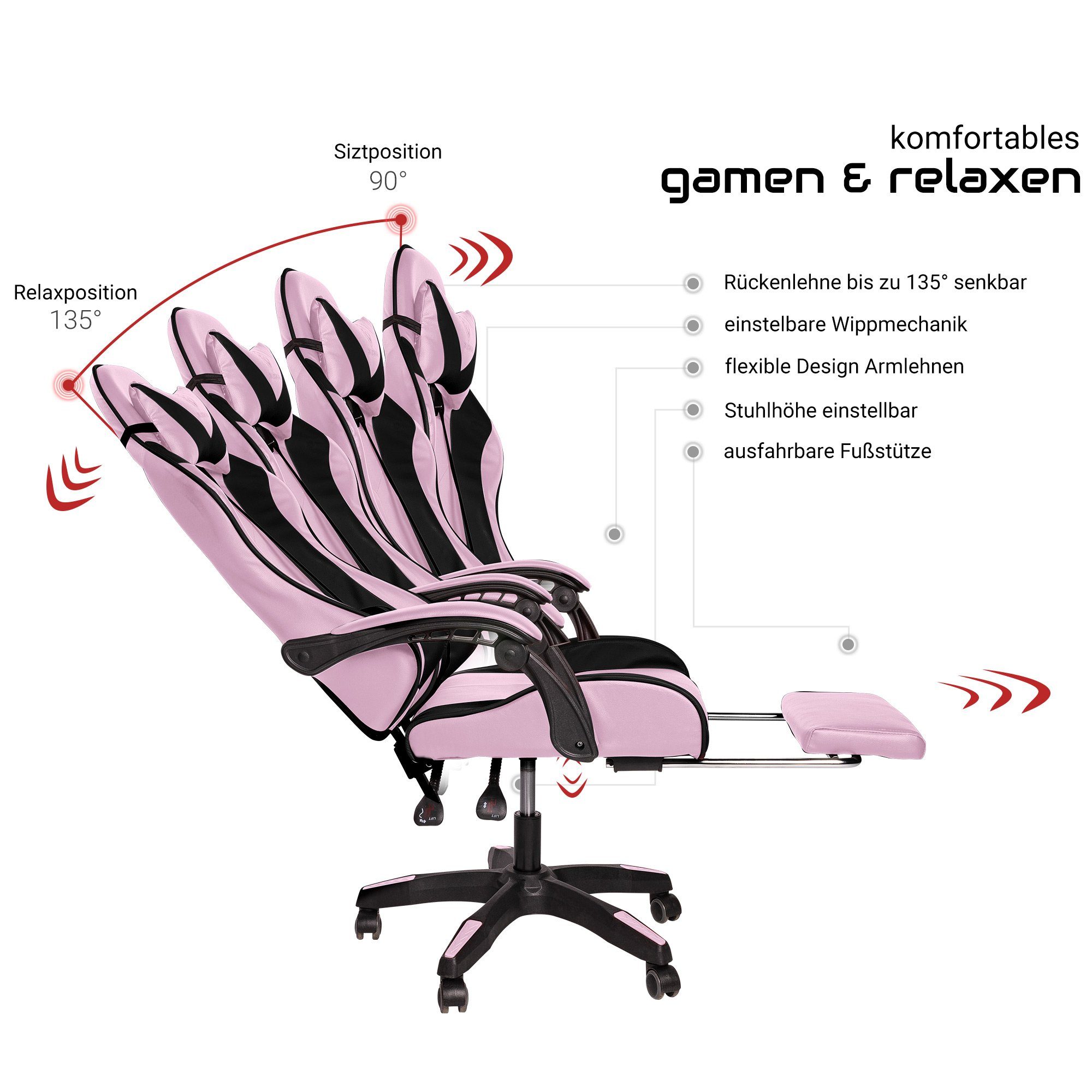 TRISENS Gaming Stuhl Chair Konrad Rosa/Schwarz Gaming Chefsessel Design-Armlehnen (1 flexiblen mit mit Fußstütze Stück),