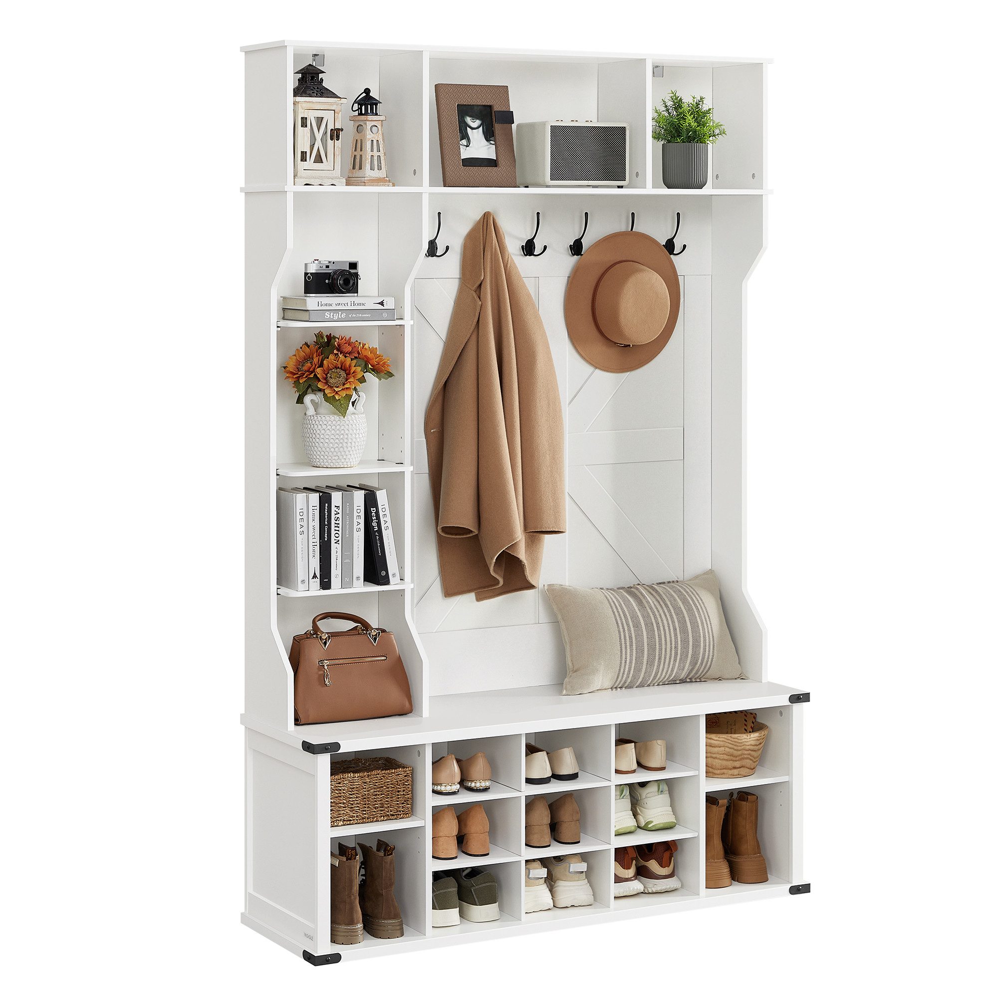 VASAGLE Garderobenständer Garderobe, 4-in-1 Garderobenständer mit Schuhbank, verstellbare Ablagen