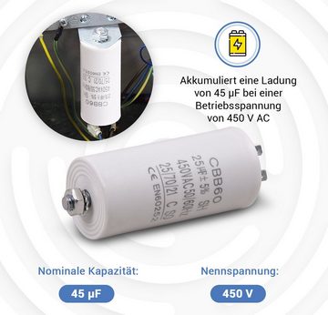 VIOKS Wäschetrockner-Kondensator Kondensator 45,00µF für Hausgeräte, mit Steckfahnen Befestigungsschraube CBB60