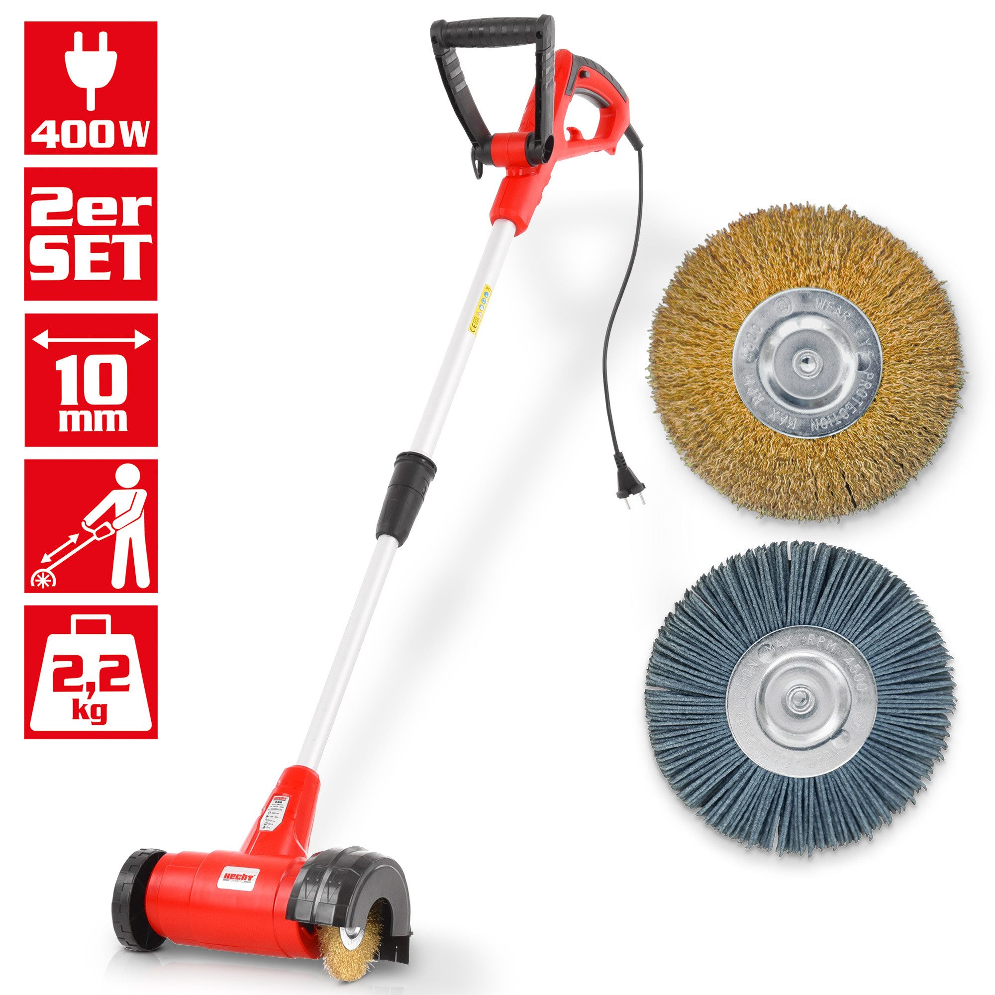 Hecht Elektro-Fugenbürste 400W Metall und Kunststoffbürste, 1 cm Arbeitsbreite, 11 cm Bürstendurchmesser, 1.800 U/min, Teleskopstab