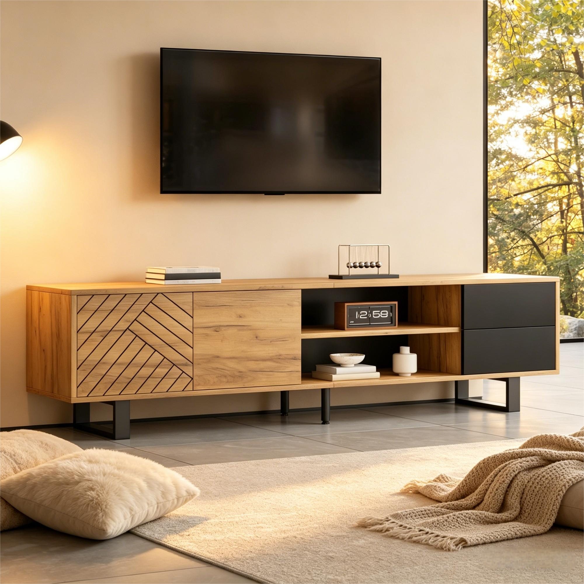 KLAM HOME Lowboard TV-Schrank mit Metallbeinen, Holz-Schwarz für 75-Zoll-Fernseher (Lowboard aus Spanplatte mit Schubladen & dreischichtiger Struktur), Stabiler Fernsehschrank bis 30kg mit großem Stauraum