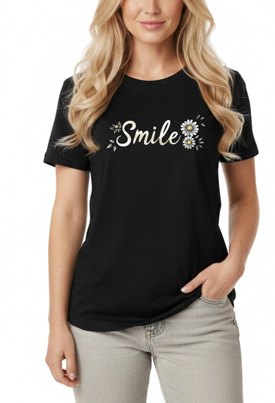 MAKAYA T-Shirt Blumen Damen Top aus Baumwolle – Gänseblümchen Design & Smile Print (Schwarz, S, M, L, XL) Baumwolle