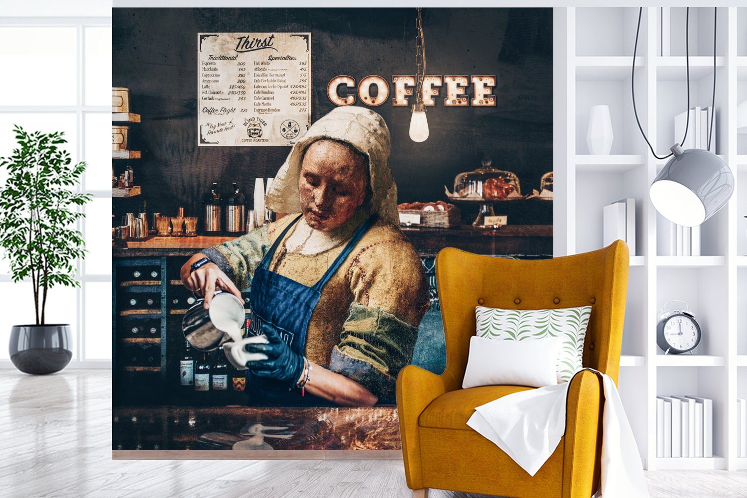 - Vermeer Vinyl Fototapete Schlafzimmer, (5 Wohnzimmer bedruckt, - oder MuchoWow _, - Milchmädchen Barista Tapete Matt, Kunst - Kaffee St), für - Cappuccino Wandtapete