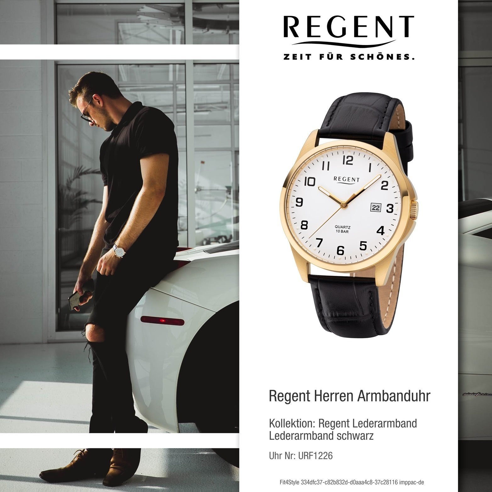 Regent Quarzuhr Regent Leder mittel F-1226 Gehäuse, schwarz, Herren rundes Uhr Herrenuhr 36mm) (ca. Lederarmband Analog