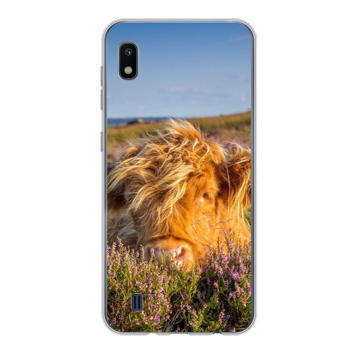 MuchoWow Handyhülle Schottische Highlander - Heide - Gras - Tiere Handyhülle Samsung Galaxy A10 Smartphone-Bumper Print Handy