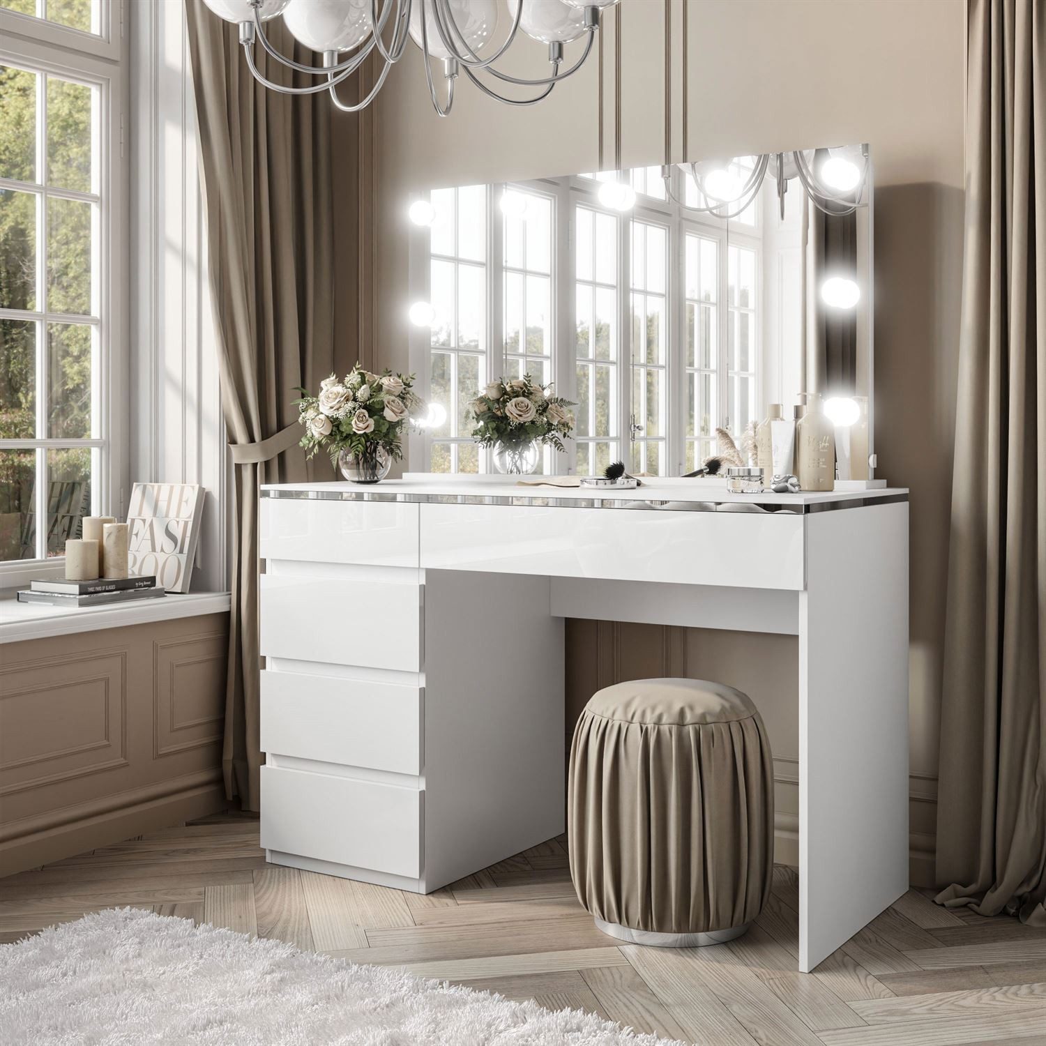 Lookway Schminktisch AURORA II SILVER ELITE mit Spiegel und LED Beleuchtung (1x Schreibtisch 1x Spiegel), Breite: 120 cm