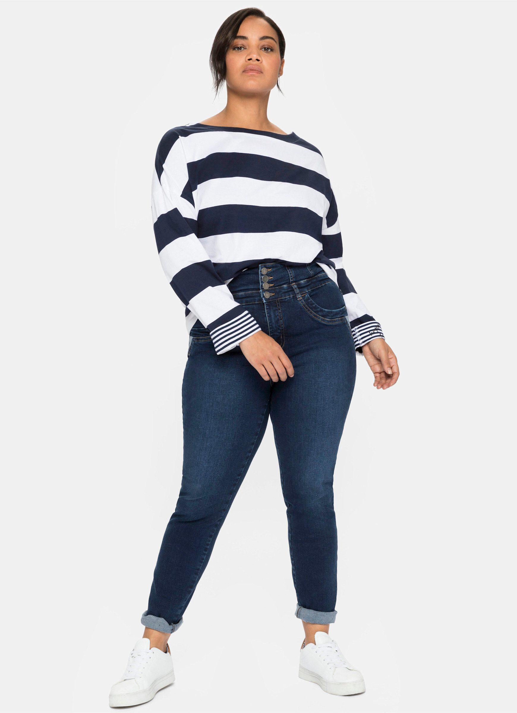 Sheego T-Shirt Langarmshirt . mit Blockstreifen und U-Boot-Ausschnitt günstig online kaufen