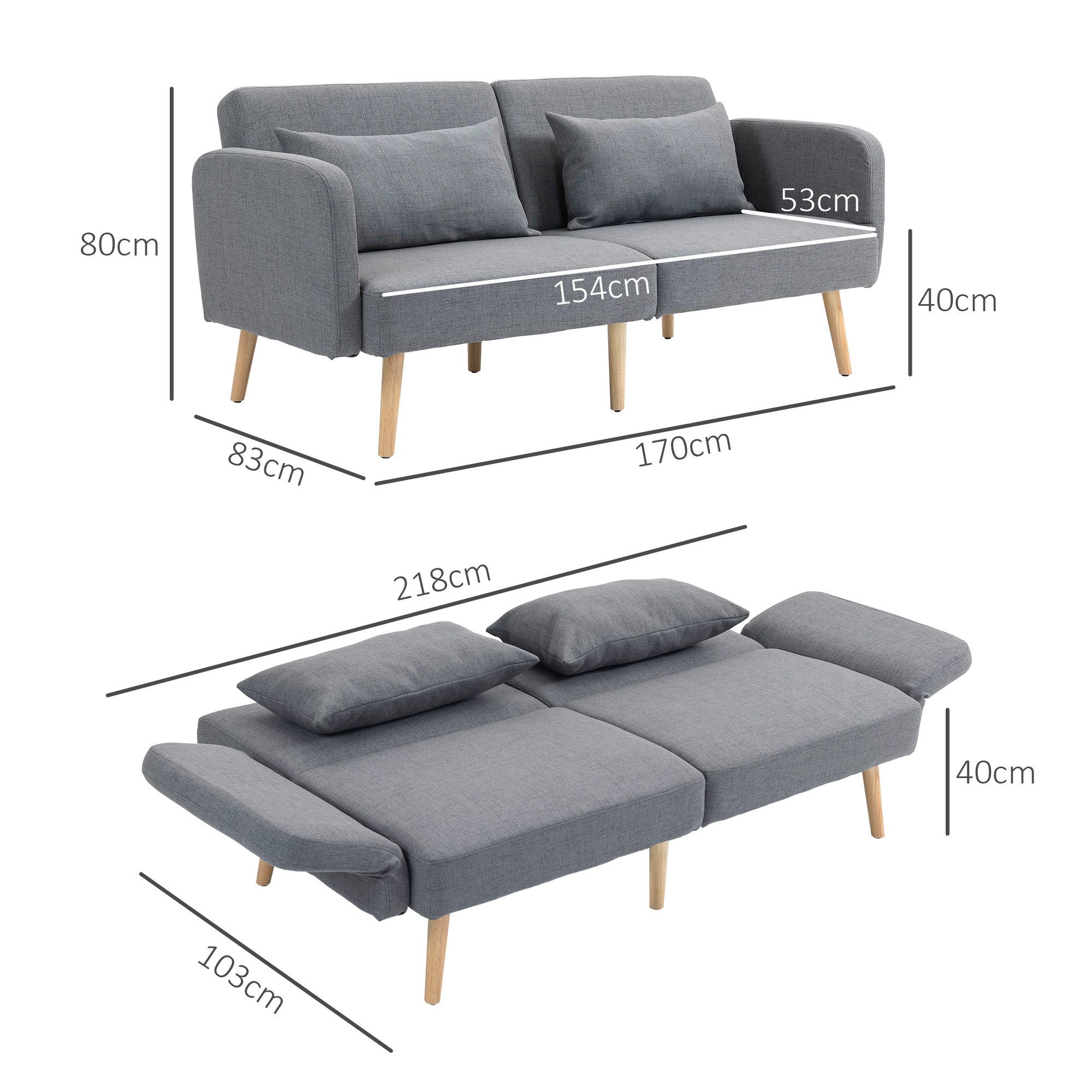 HOMCOM Schlafsofa 3-Sitzer-Sofa, Bettfunktion, verstellbare Armlehne, Leinenoptik, Polstersofa 1 Teile, für Wohnzimmer, Schlafzimmer, Grau