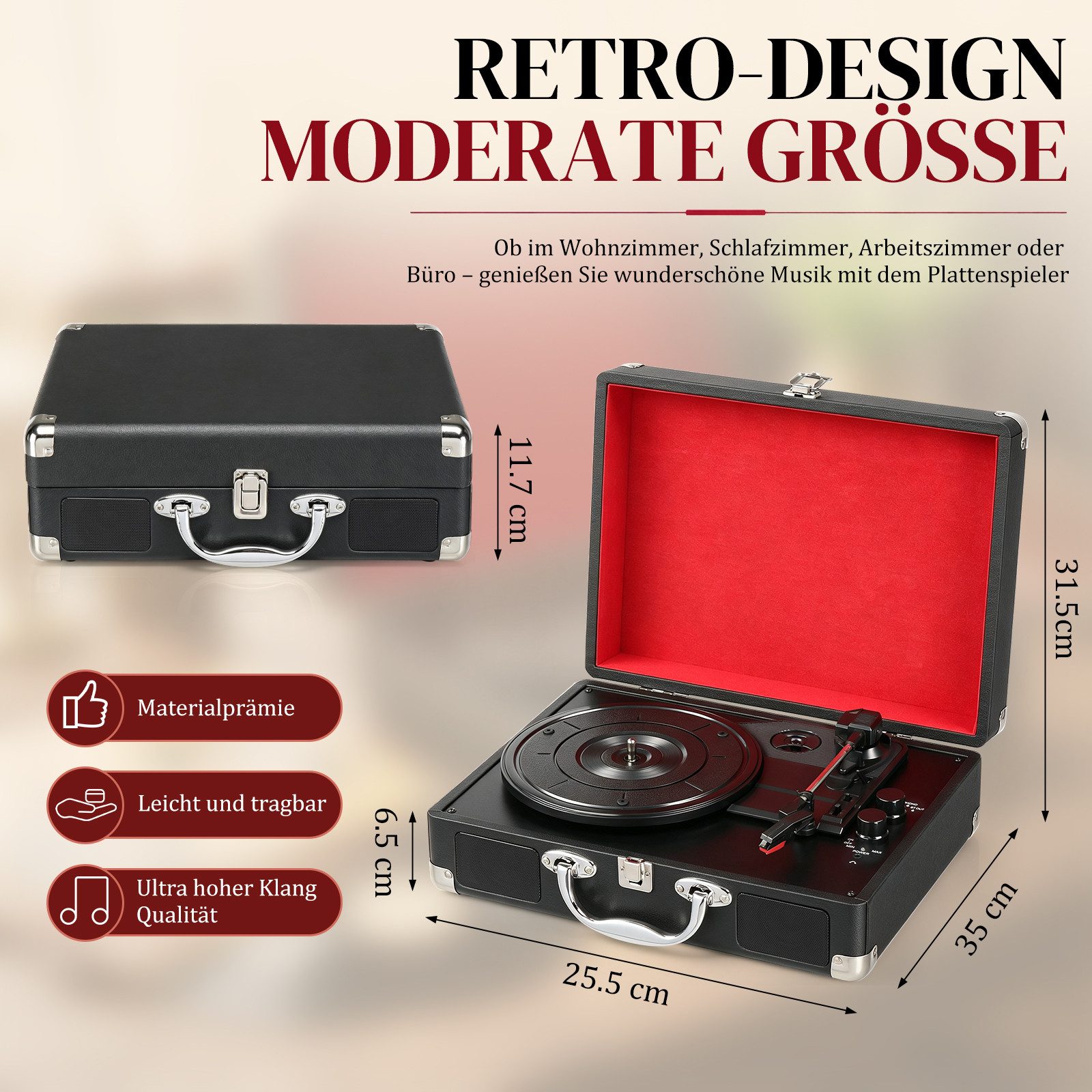 LALAHO Koffer‑Plattenspieler Retro, integrierte Stereo‑Lautsprecher Plattenspieler (mit Bluetooth, 3 Geschwindigkeiten, integrierte Lautsprecher) – Bild 5 von 5