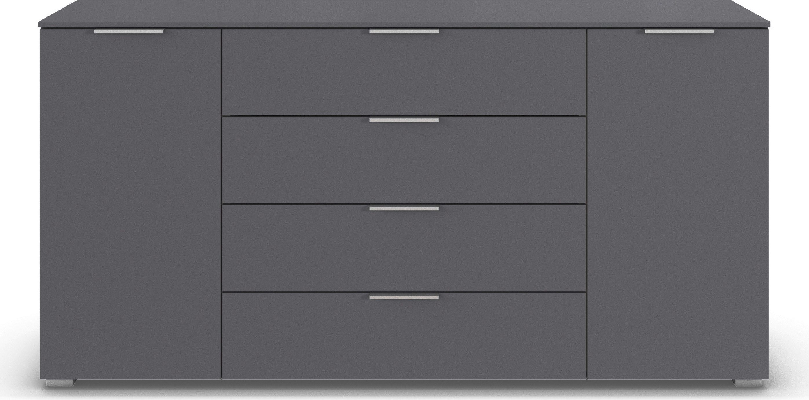 rauch Kombikommode Sideboard Türkommode Schubladenkommode Kommode ASTANA (Breite 160 cm / Höhe 81 cm, mit 4 Einlegeböden), 2-türig, 4 geräumige Schubladen, Kantengriff Alufarben MADE IN GERMANY