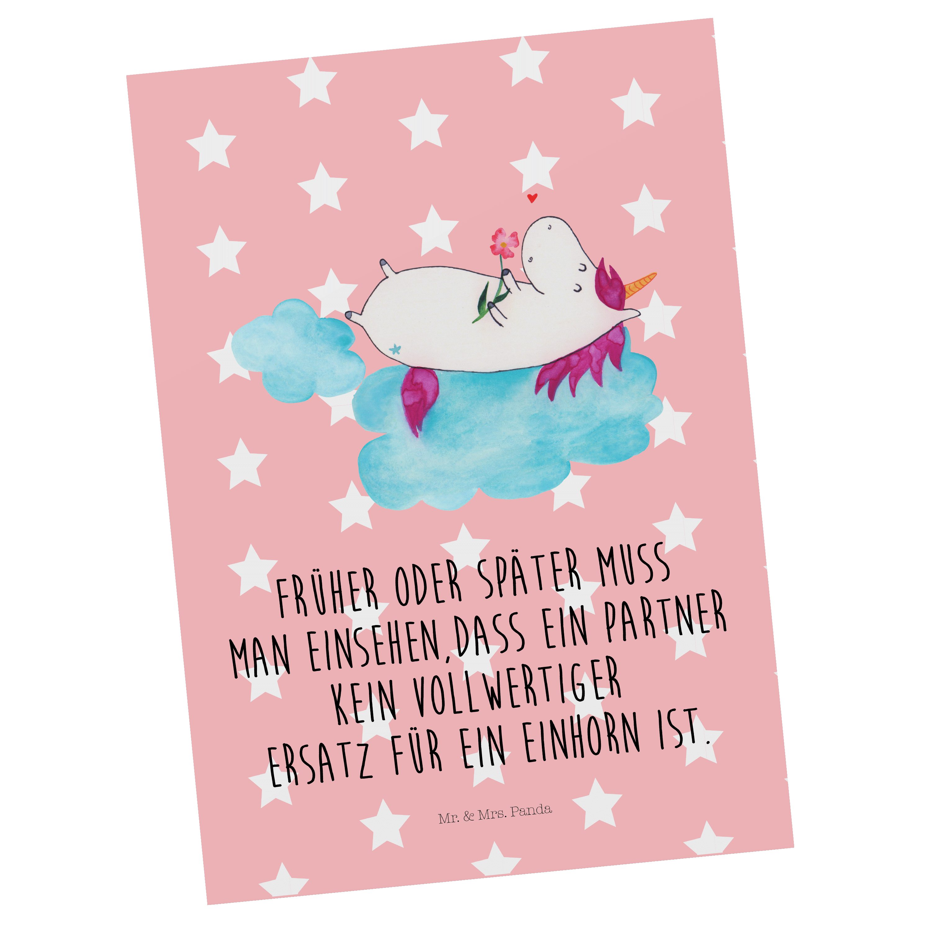 Mr. & Mrs. Panda Postkarte Einhorn verliebt auf Wolke - Rot Pastell - Geschenk, Einladungskarte