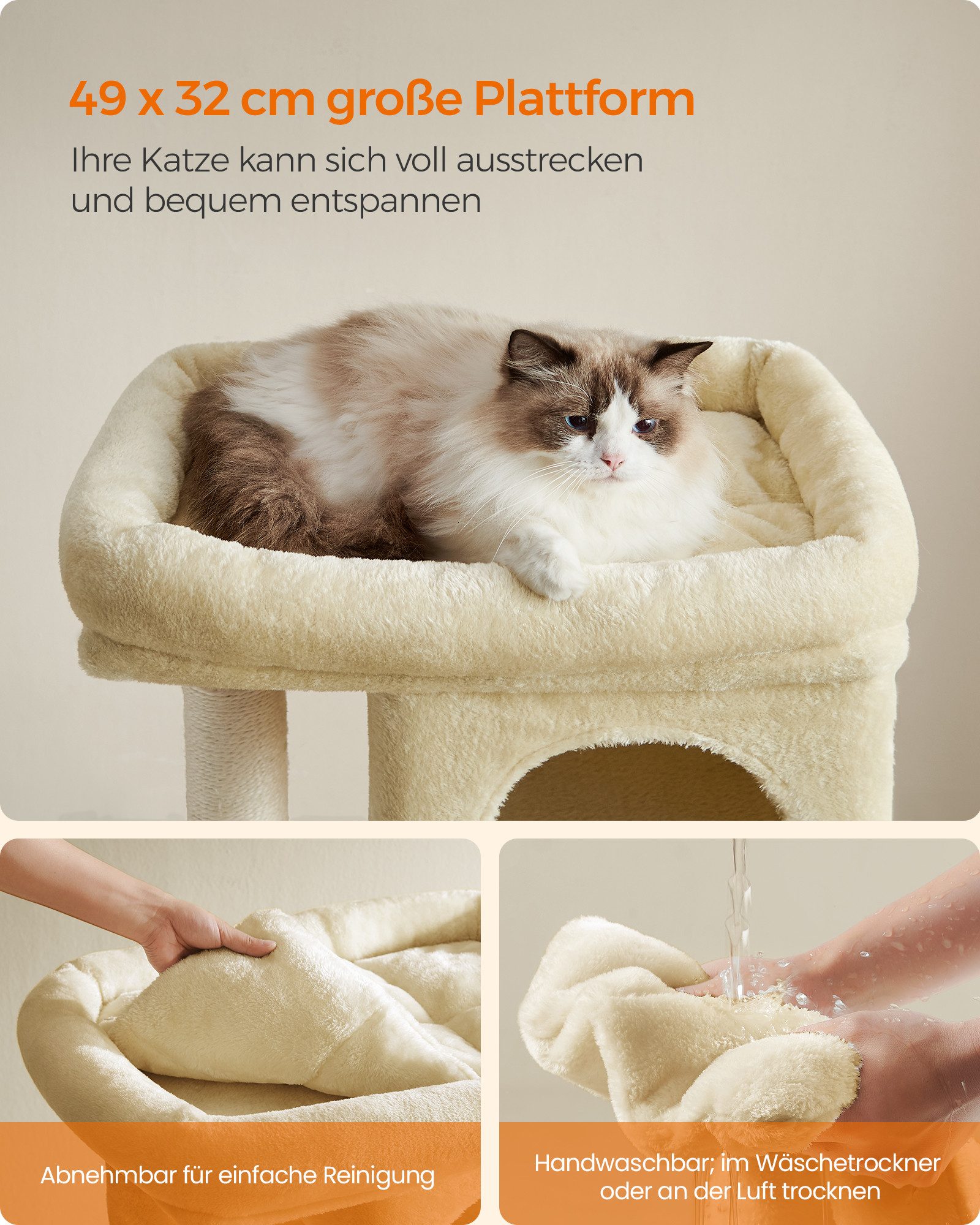 FEANDREA Kratzbaum kompakt, mit großer Plattform, 2 Katzenhöhlen und Sisalstämmen