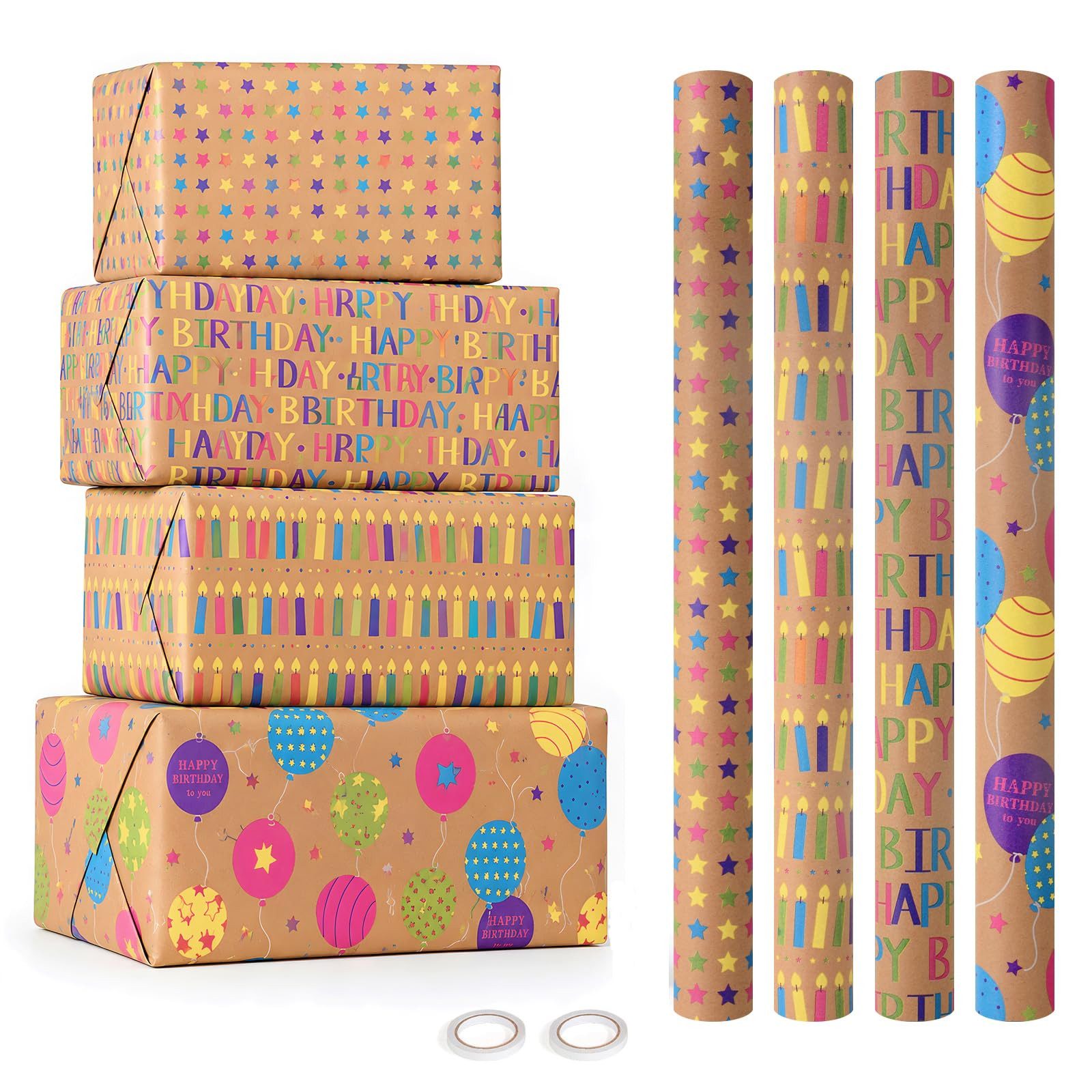 FOUORTUNATE-BEE Geschenkpapier 4 Rollen Geschenkpapier Geburtstag, 43 x 300 cm, bunte Motive, Geschenkpapier 4er Set für Geburtstage, …