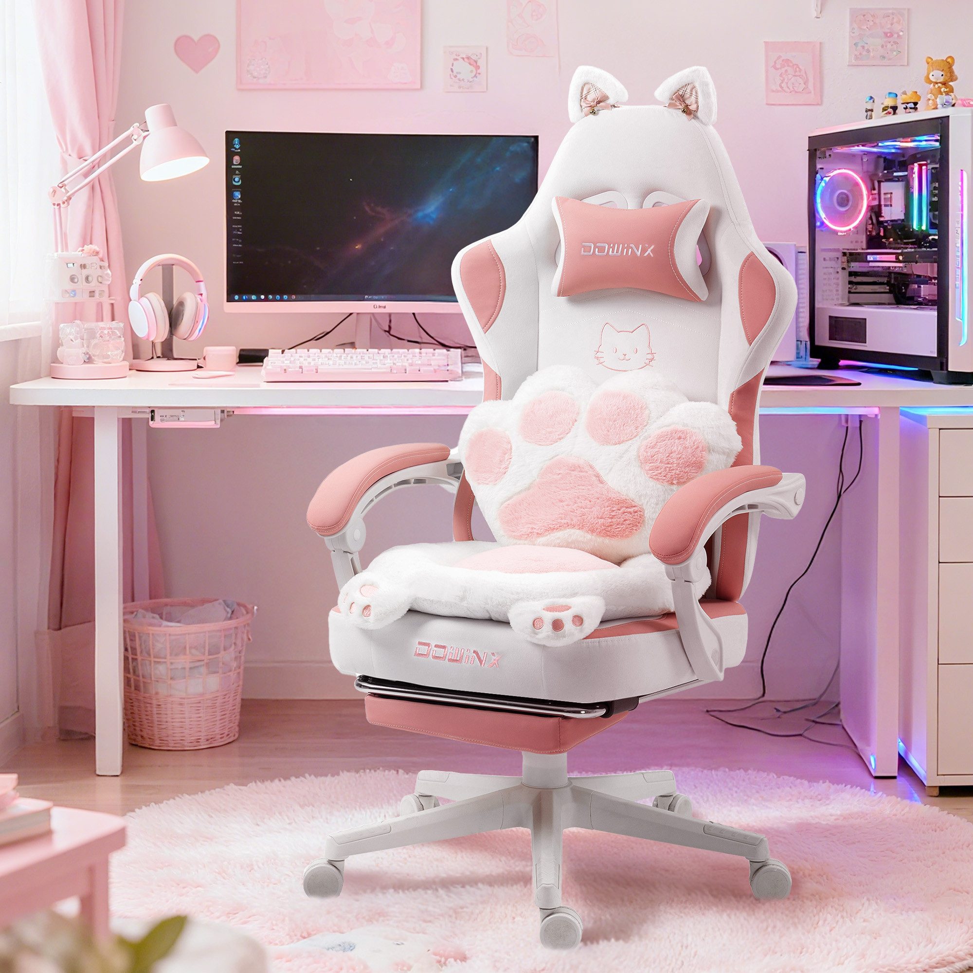 Dowinx Gaming-Stuhl Niedlich mit Katzenohren, Pfoten-Lendenkissen und Sitzkissen, (Packung), Ergonomischer Computerstuhl mit Fußstütze, PC-Spiele-Stuhl für Mädchen