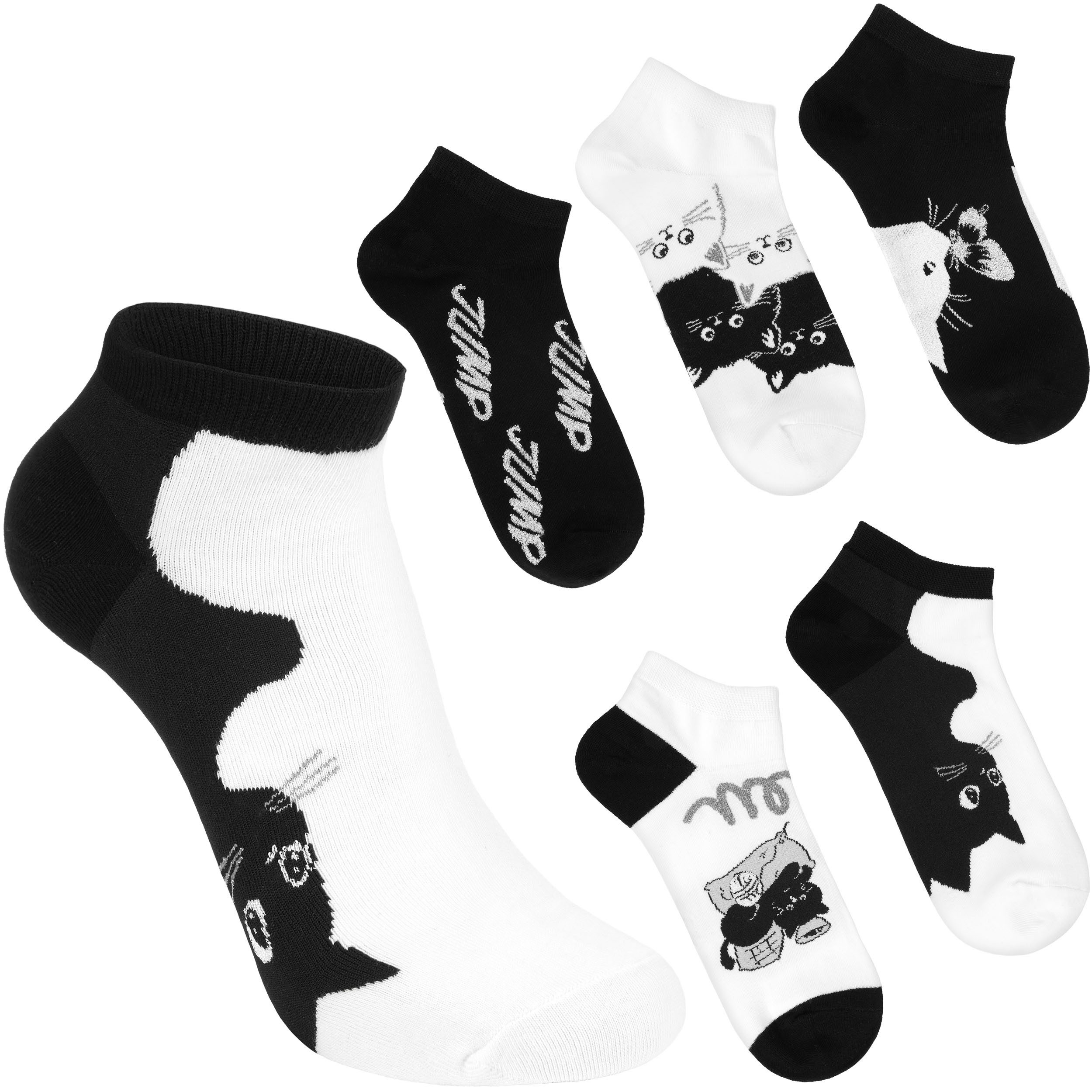 BRUBAKER Socken Damen Knöchelsocken mit süßen Kätzchen (Schwarz und Weiß, 5-Paar, Feel Good Damensocken mit Katzenmotiven) Sneakersocken Geschenk Set für Frauen mit Baumwolle