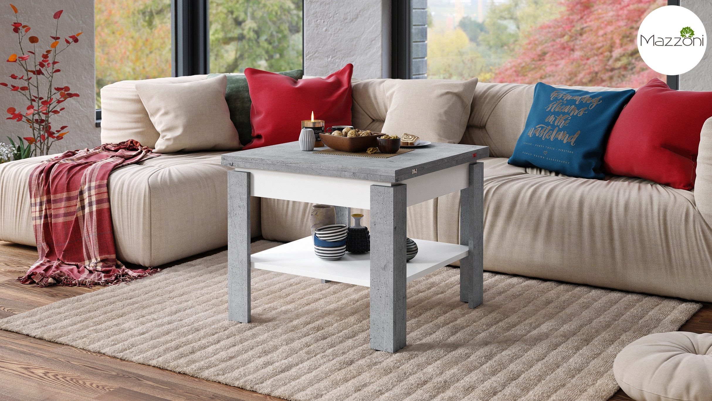 Mazzoni Couchtisch Design Tisch Leo Beton - Weiß matt aufklappbar 65 - 130cm Esstisch